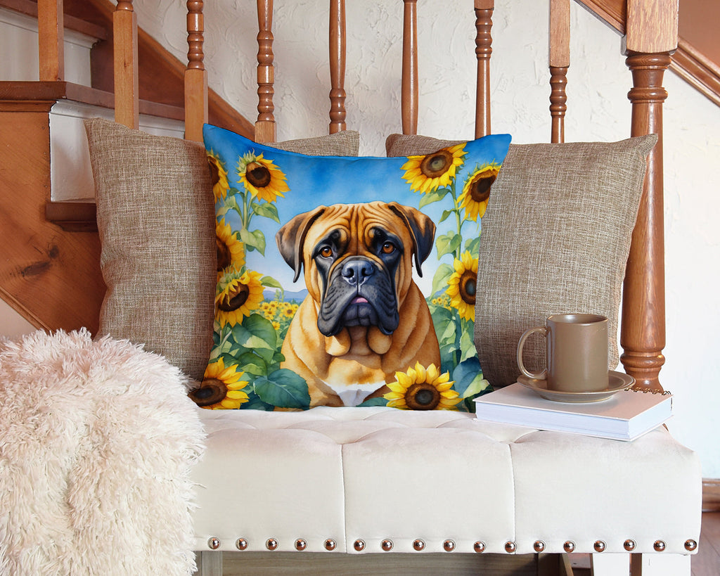 Bullmastiff in Sunflowers Decorative Throw Pillow 14x14 Indoor Outdoor Accent Cushion, Fabric Cover with Insert for Sofa, Bed, Porch & Living Room