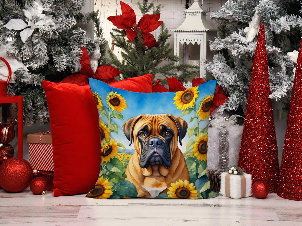 Bullmastiff in Sunflowers Decorative Throw Pillow 14x14 Indoor Outdoor Accent Cushion, Fabric Cover with Insert for Sofa, Bed, Porch & Living Room