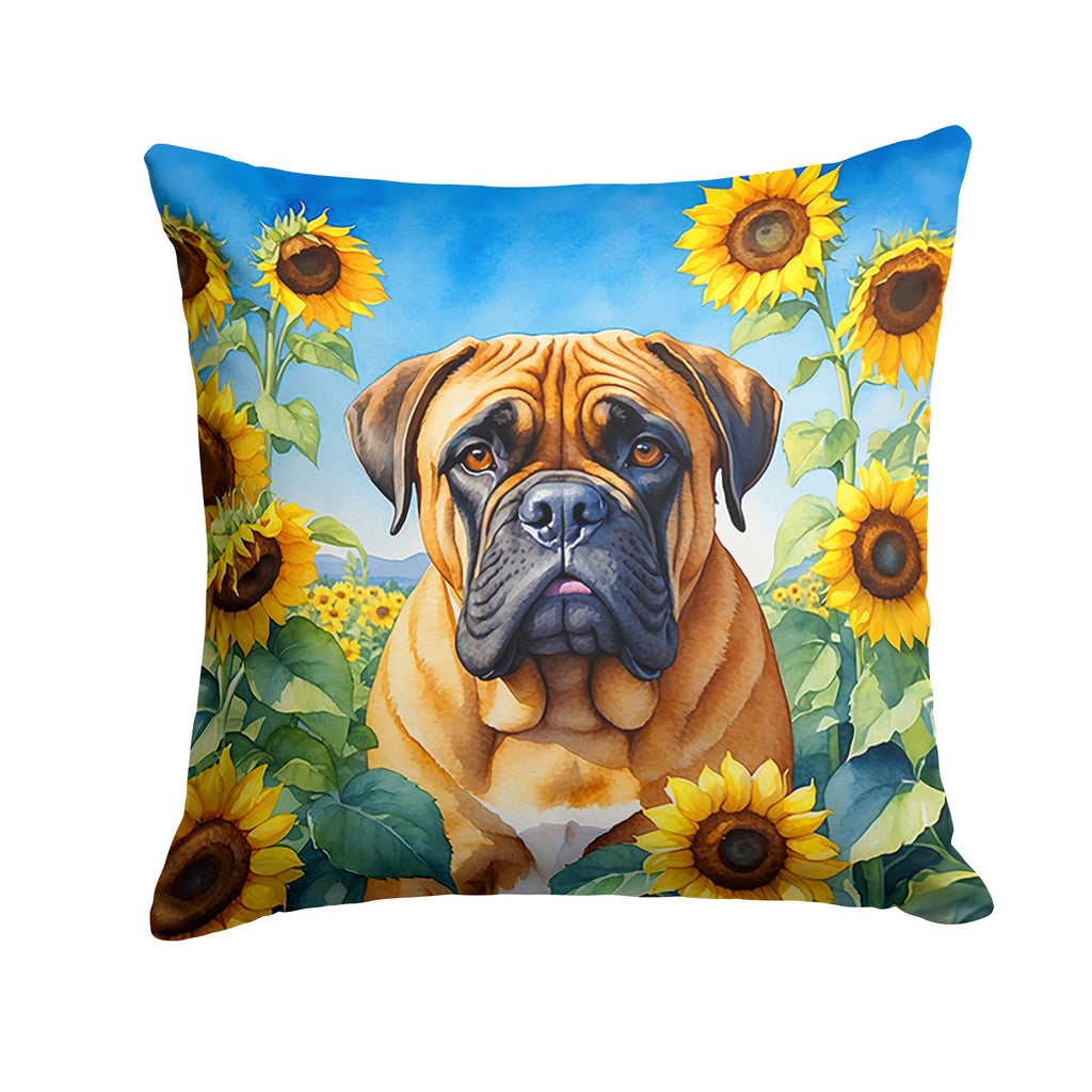 Bullmastiff in Sunflowers Decorative Throw Pillow 18x18 Indoor Outdoor Accent Cushion, Fabric Cover with Insert for Sofa, Bed, Porch & Living Room