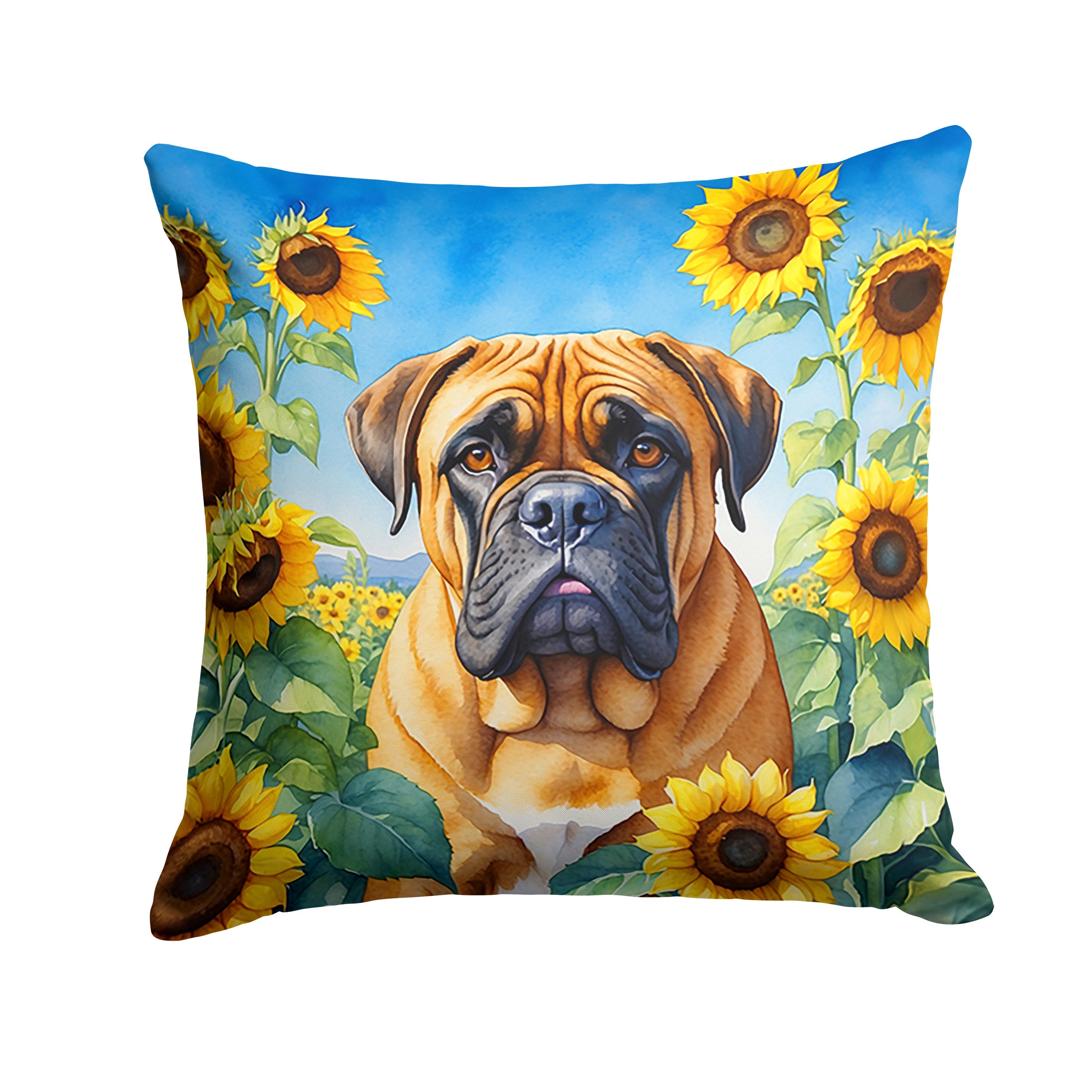 Bullmastiff in Sunflowers Decorative Throw Pillow 18x18 Indoor Outdoor Accent Cushion, Fabric Cover with Insert for Sofa, Bed, Porch & Living Room