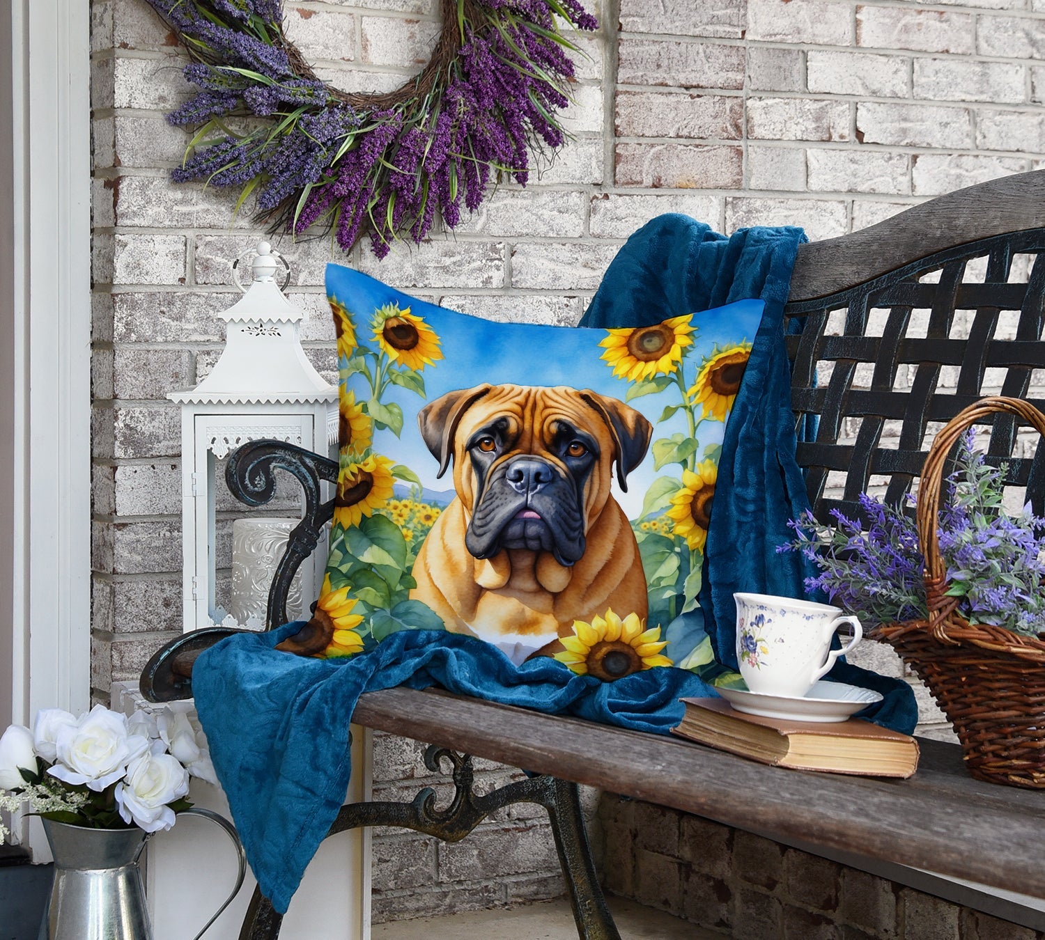 Bullmastiff in Sunflowers Decorative Throw Pillow 18x18 Indoor Outdoor Accent Cushion, Fabric Cover with Insert for Sofa, Bed, Porch & Living Room