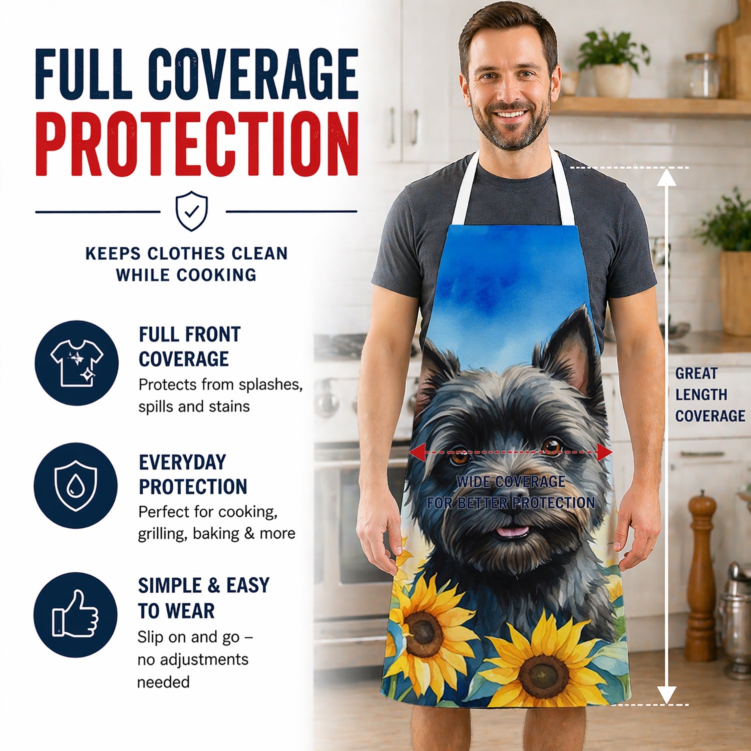 Cairn Terrier in Sunflowers Apron Cooking Kitchen Server Baking Crafts Gardening for Adult Women Men, Unisex, Large, Multicolor