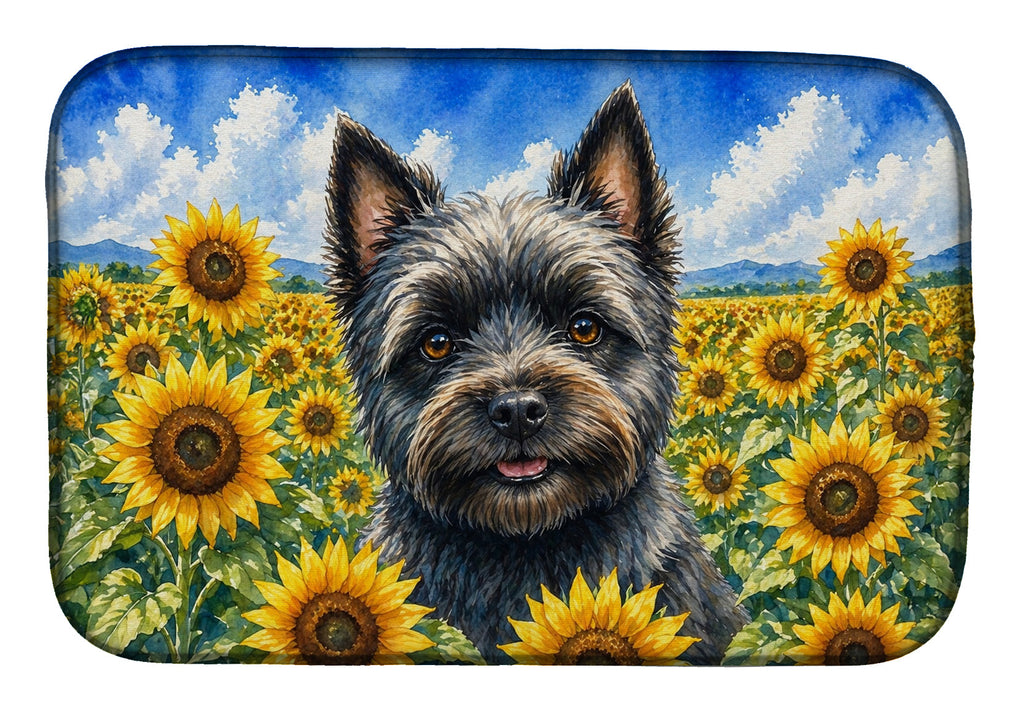 Cairn Terrier in Sunflowers Dish Drying Mat Absorbent Dish Drying Mat Pad for Kitchen Counter Dish Drainer Mat for Countertop, 14 x 21", Multicolor