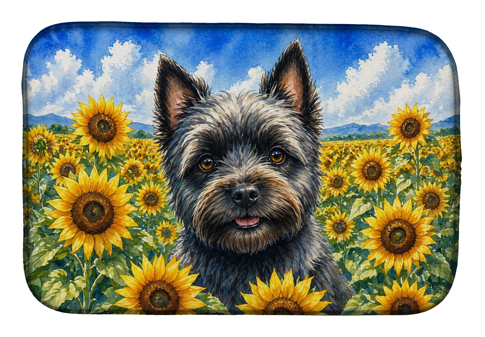 Cairn Terrier in Sunflowers Dish Drying Mat Absorbent Dish Drying Mat Pad for Kitchen Counter Dish Drainer Mat for Countertop, 14 x 21", Multicolor
