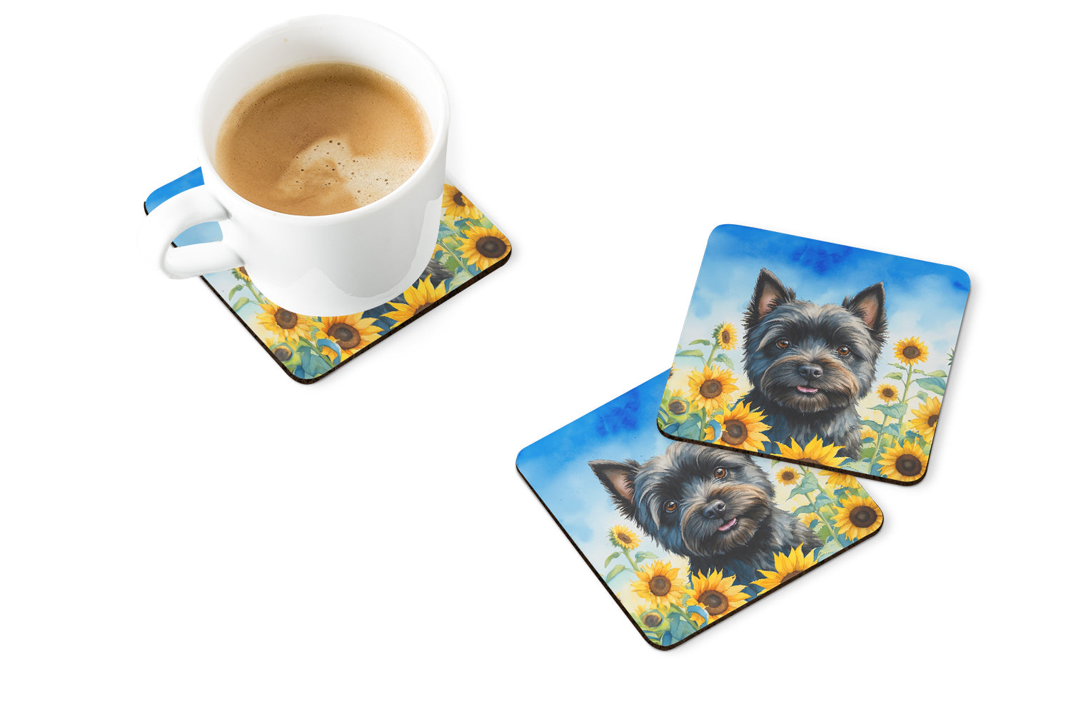 Cairn Terrier in Sunflowers Foam Coasters Set of 4 Cup Coasters for Indoor Outdoor, Tabletop Protection, Anti Slip, Mouse pad Material