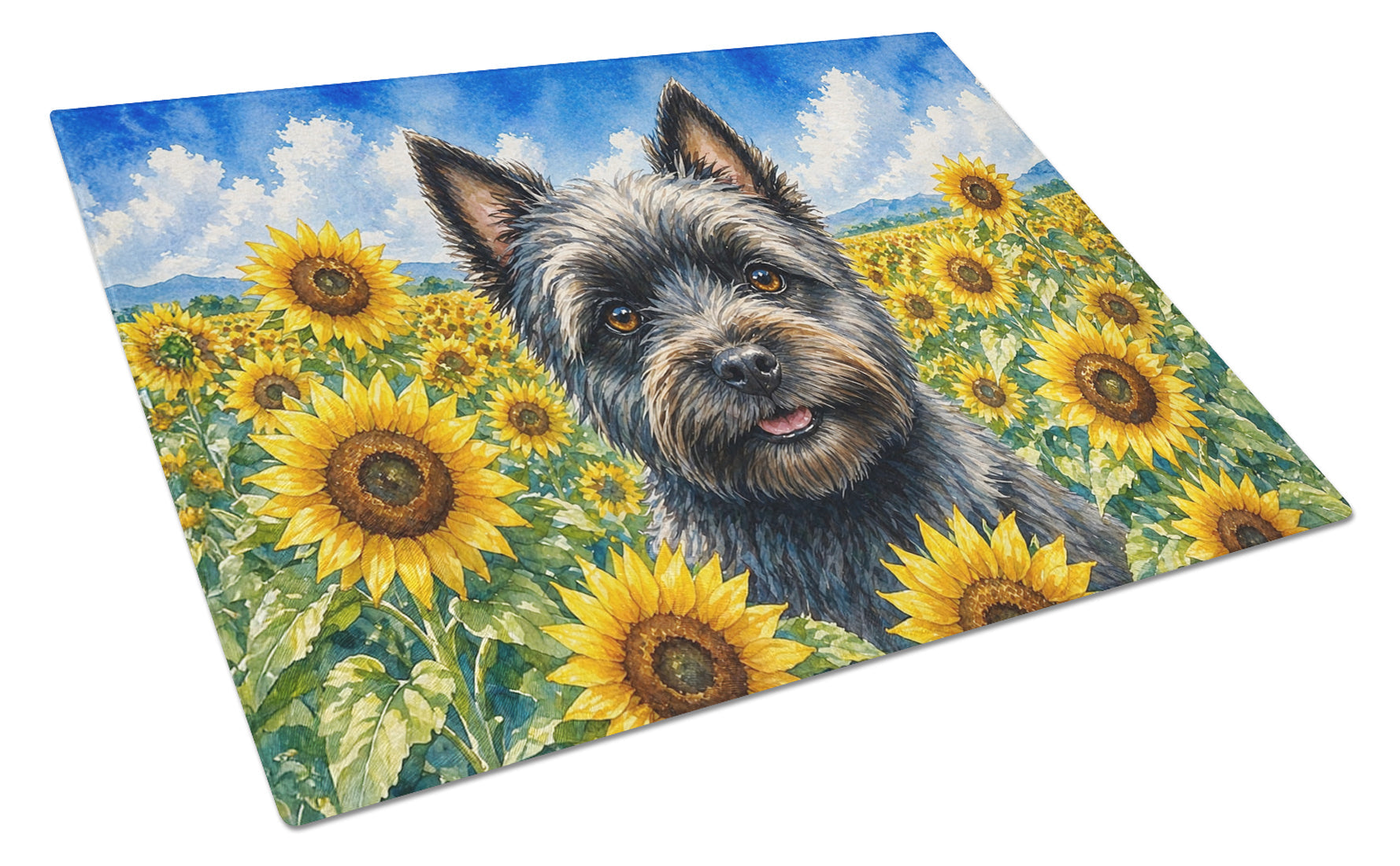 Cairn Terrier in Sunflowers Cutting Board Tempered Glass Kitchen Cutting Surface, Heat Resistant Chopping Board with Non-Slip Feet, Decorative Food Prep & Serving