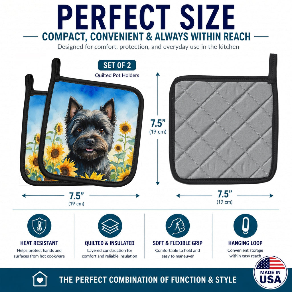 Cairn Terrier in Sunflowers Pot Holder Set of 2 Heat Resistant Quilted Hot Pads 7.5 x 7.5 Inch, Insulated Kitchen Trivets for Cooking & Baking