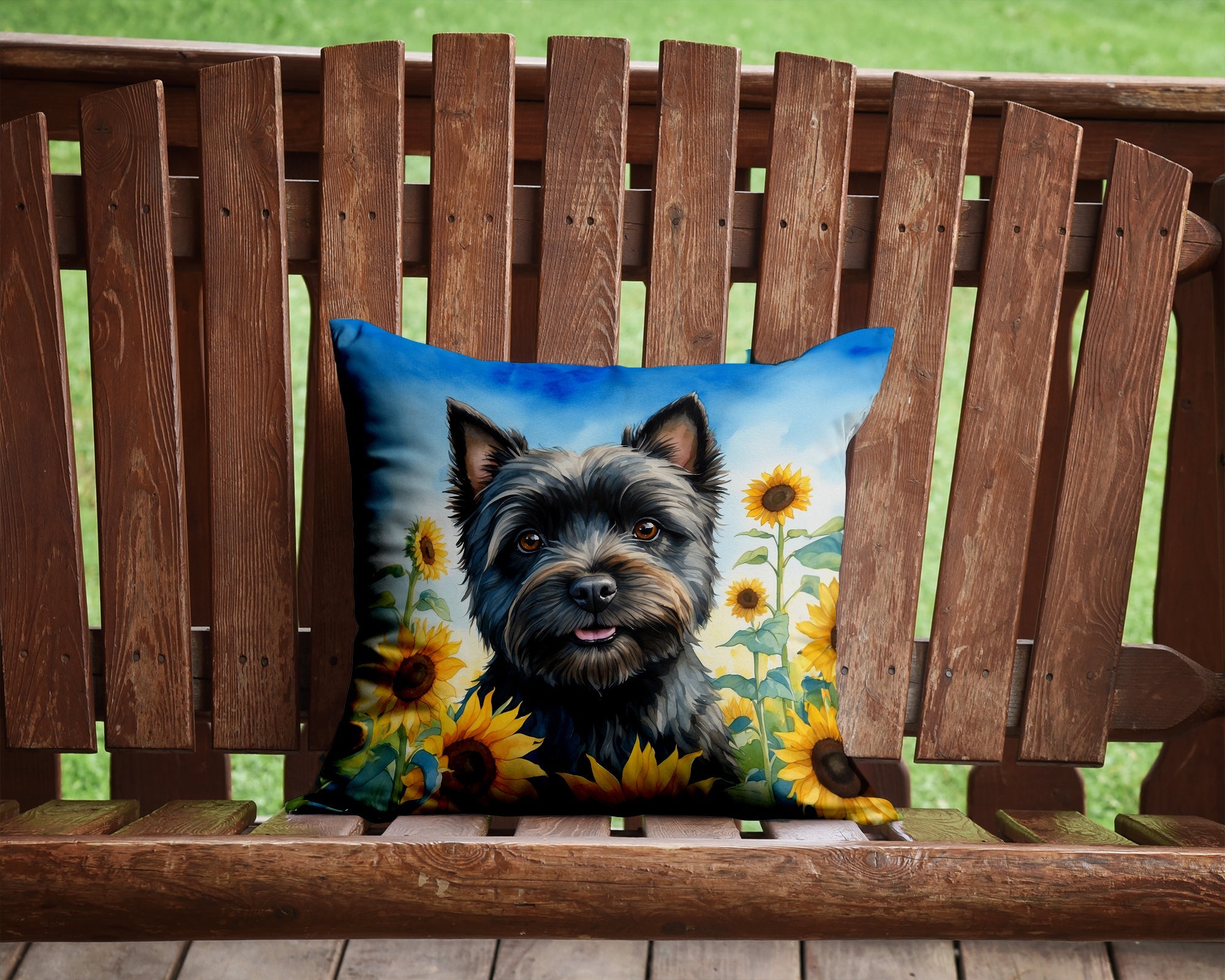 Cairn Terrier in Sunflowers Decorative Throw Pillow 14x14 Indoor Outdoor Accent Cushion, Fabric Cover with Insert for Sofa, Bed, Porch & Living Room