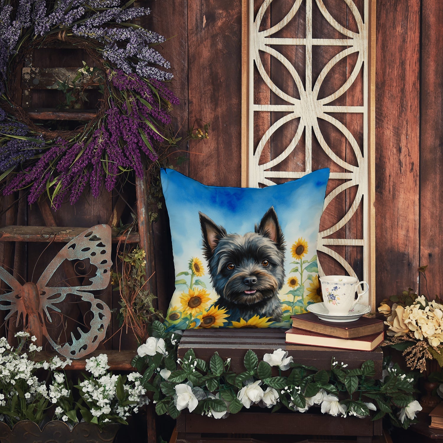 Cairn Terrier in Sunflowers Decorative Throw Pillow 18x18 Indoor Outdoor Accent Cushion, Fabric Cover with Insert for Sofa, Bed, Porch & Living Room