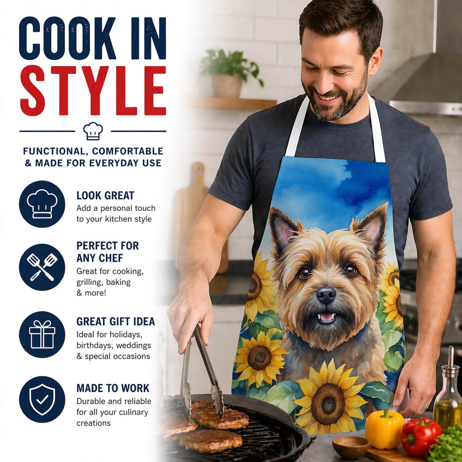 Cairn Terrier in Sunflowers Apron Cooking Kitchen Server Baking Crafts Gardening for Adult Women Men, Unisex, Large, Multicolor