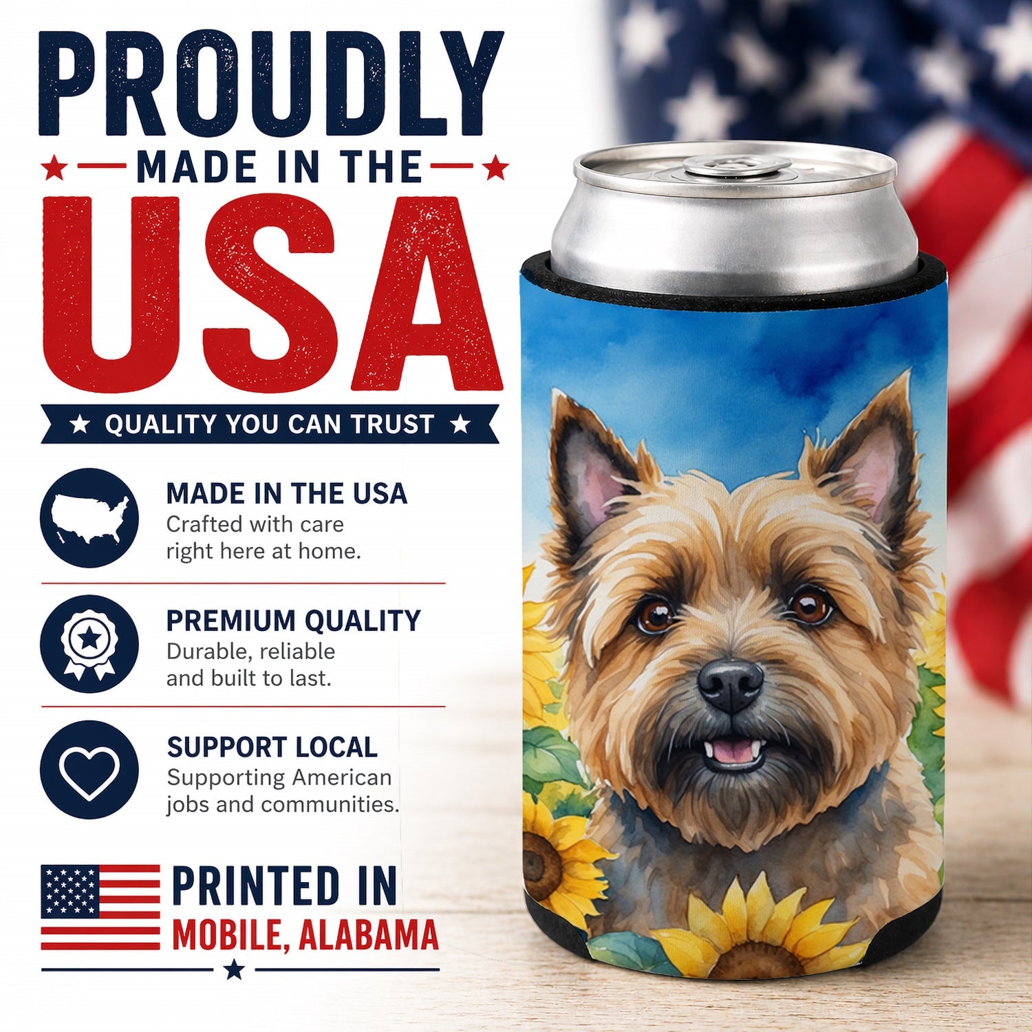 Cairn Terrier in Sunflowers Can or Bottle Hugger Cooler Sleeve for Standard 12 oz Cans, Insulated Foam Beer & Soda Can Hugger Reusable