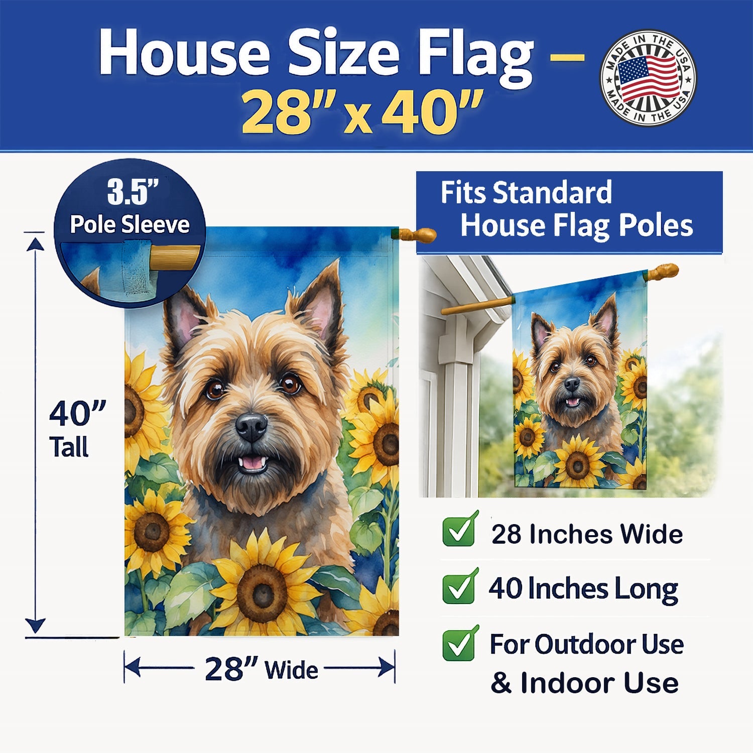 Cairn Terrier in Sunflowers House Flag 28x40 Porch Sleeve Pole Decorative Outside Yard Banner Artwork Wall Hanging, Polyester