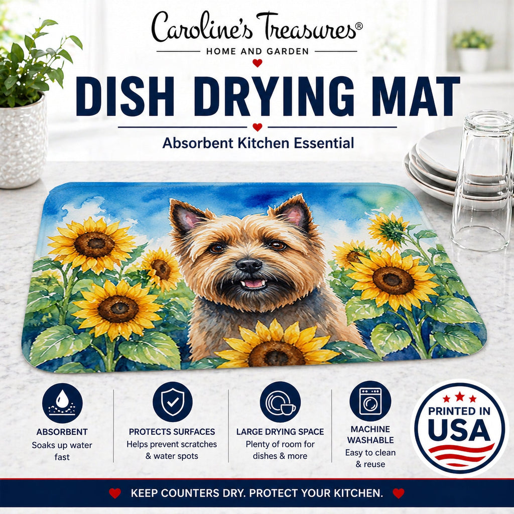 Cairn Terrier in Sunflowers Dish Drying Mat Absorbent Dish Drying Mat Pad for Kitchen Counter Dish Drainer Mat for Countertop, 14 x 21", Multicolor
