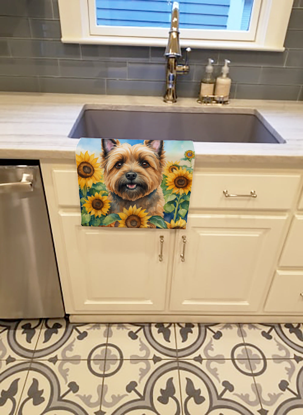 Cairn Terrier in Sunflowers Kitchen Towel Velour Plush Front and Cotton Loop Back Machine Washable