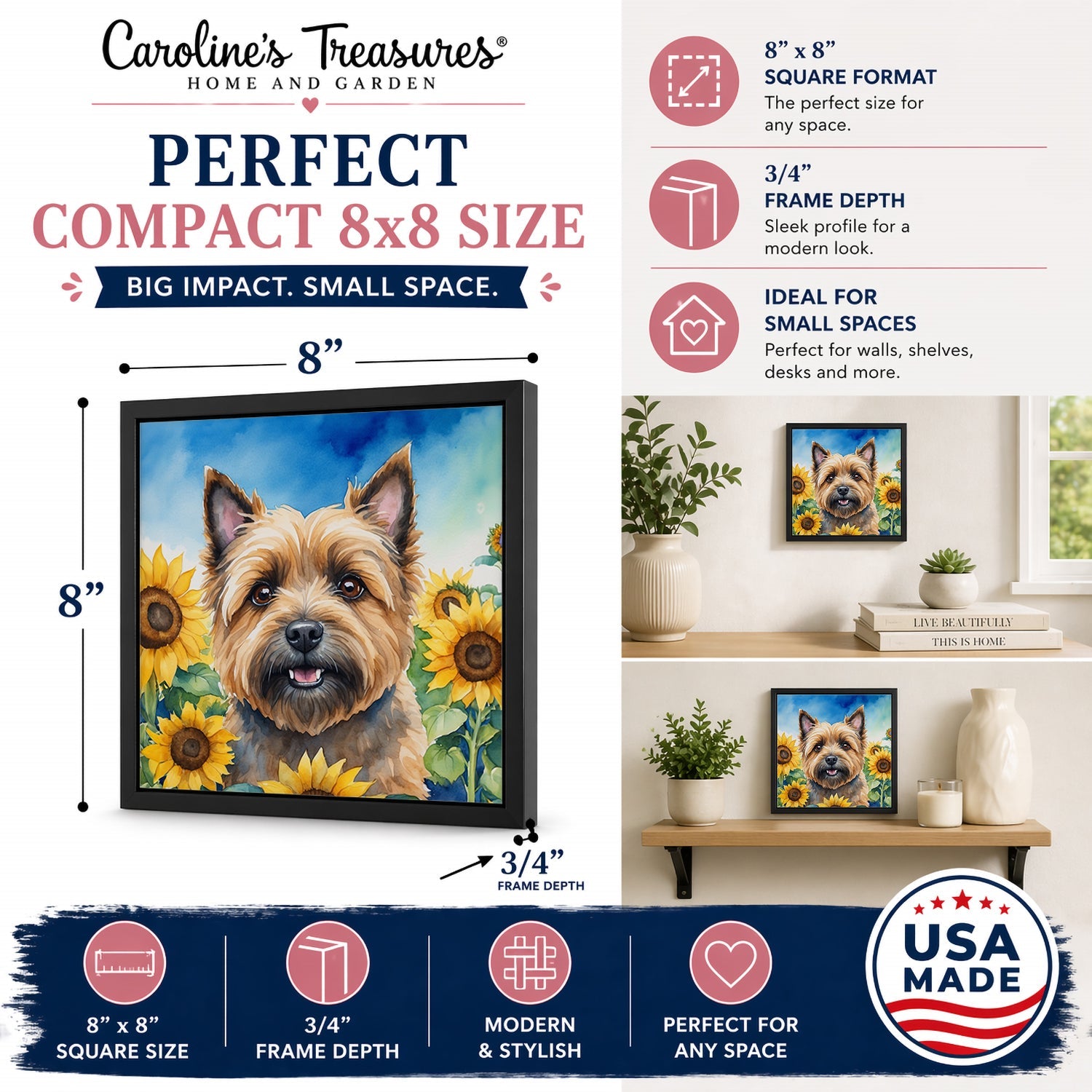 Cairn Terrier in Sunflowers Framed Metal Print Bathroom, Kitchen, Office, Home Decor Wall Art Ready to Hang, Square, 8X8