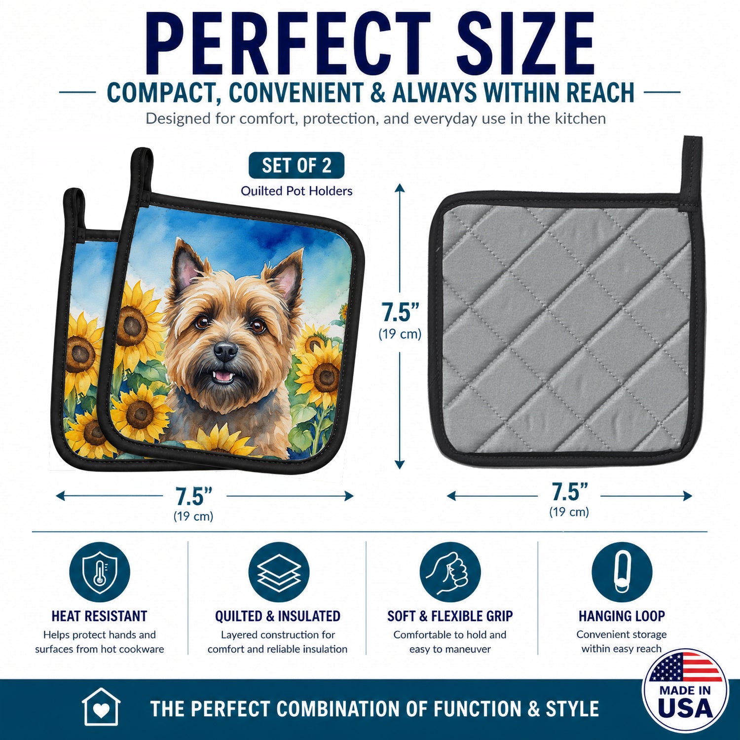 Cairn Terrier in Sunflowers Pot Holder Set of 2 Heat Resistant Quilted Hot Pads 7.5 x 7.5 Inch, Insulated Kitchen Trivets for Cooking & Baking