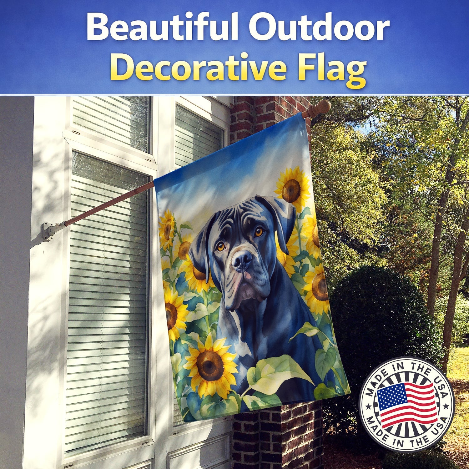 Cane Corso in Sunflowers House Flag 28x40 Porch Sleeve Pole Decorative Outside Yard Banner Artwork Wall Hanging, Polyester