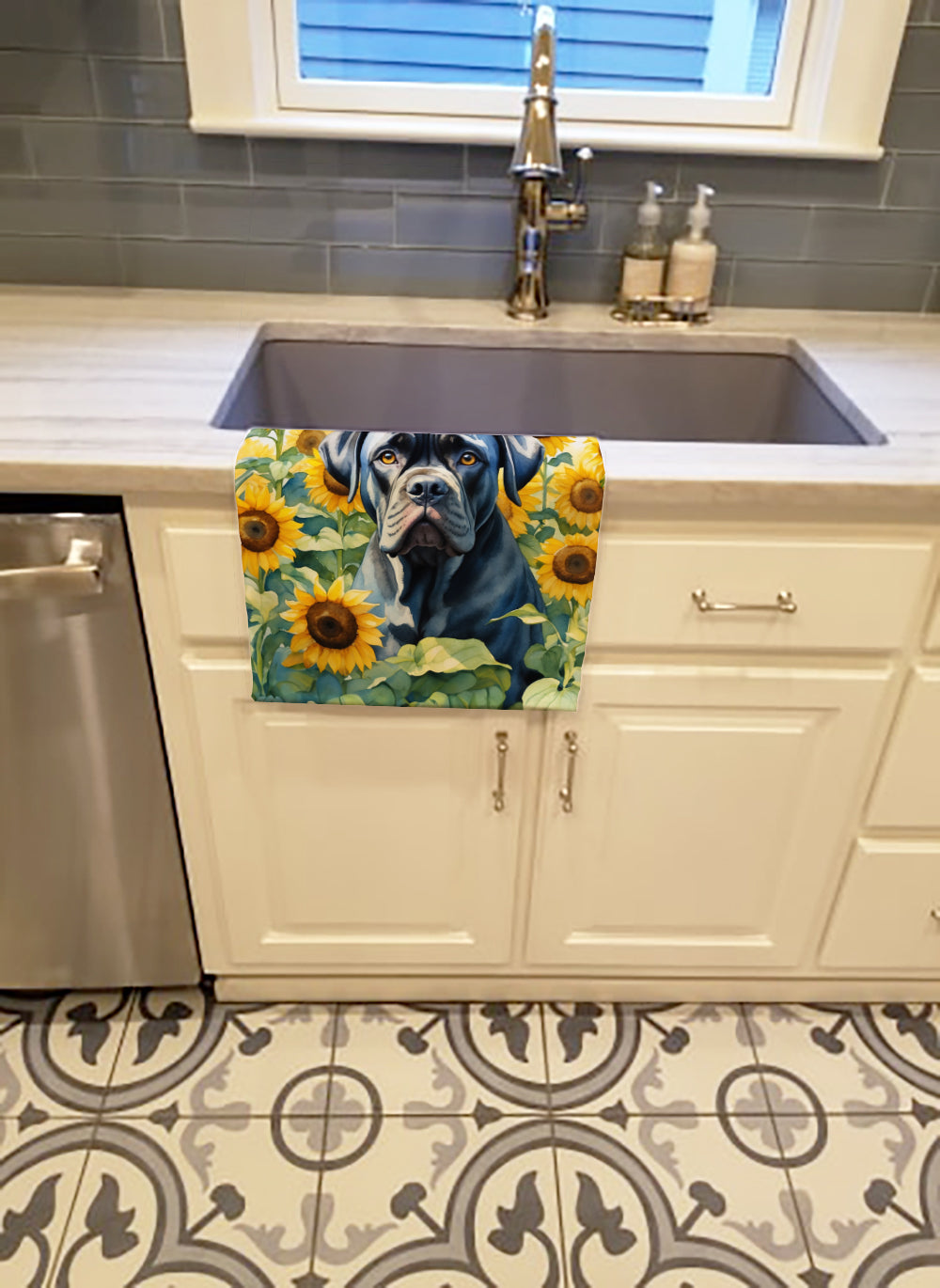 Cane Corso in Sunflowers Kitchen Towel Velour Plush Front and Cotton Loop Back Machine Washable