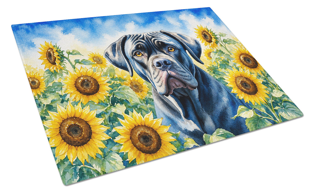 Cane Corso in Sunflowers Cutting Board Tempered Glass Kitchen Cutting Surface, Heat Resistant Chopping Board with Non-Slip Feet, Decorative Food Prep & Serving