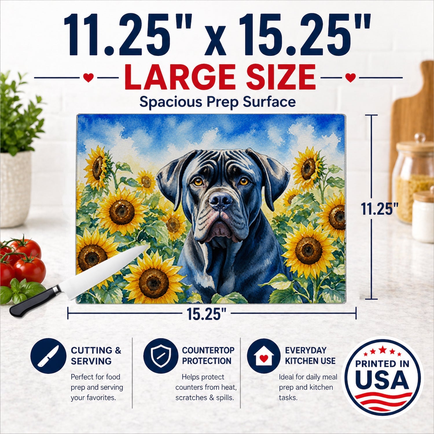 Cane Corso in Sunflowers Cutting Board Tempered Glass Kitchen Cutting Surface, Heat Resistant Chopping Board with Non-Slip Feet, Decorative Food Prep & Serving