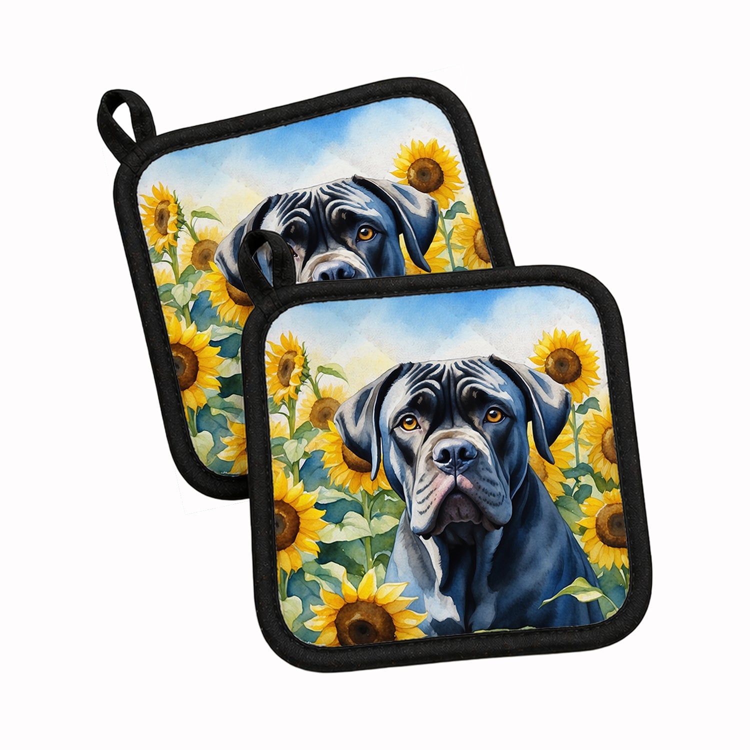 Cane Corso in Sunflowers Pot Holder Set of 2 Heat Resistant Quilted Hot Pads 7.5 x 7.5 Inch, Insulated Kitchen Trivets for Cooking & Baking
