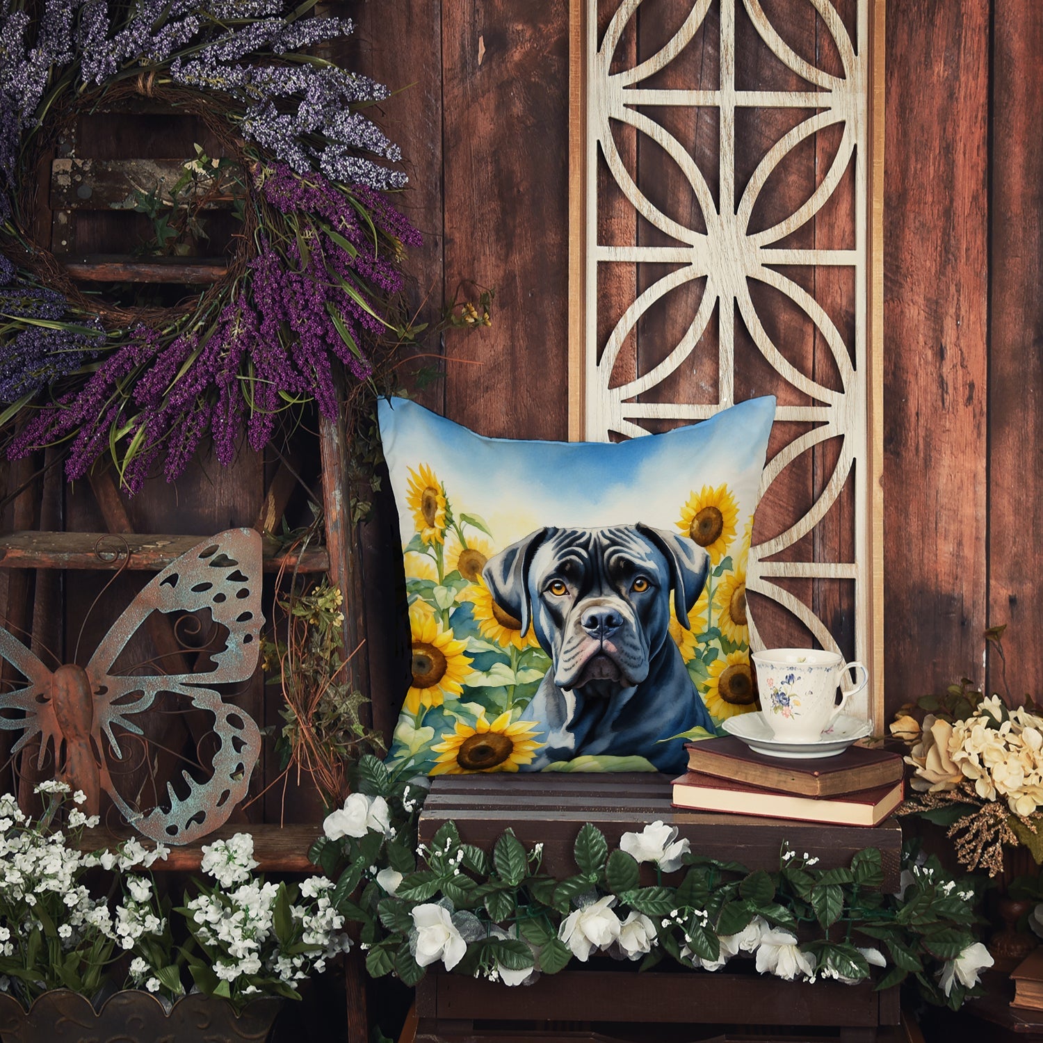 Cane Corso in Sunflowers Decorative Throw Pillow 14x14 Indoor Outdoor Accent Cushion, Fabric Cover with Insert for Sofa, Bed, Porch & Living Room