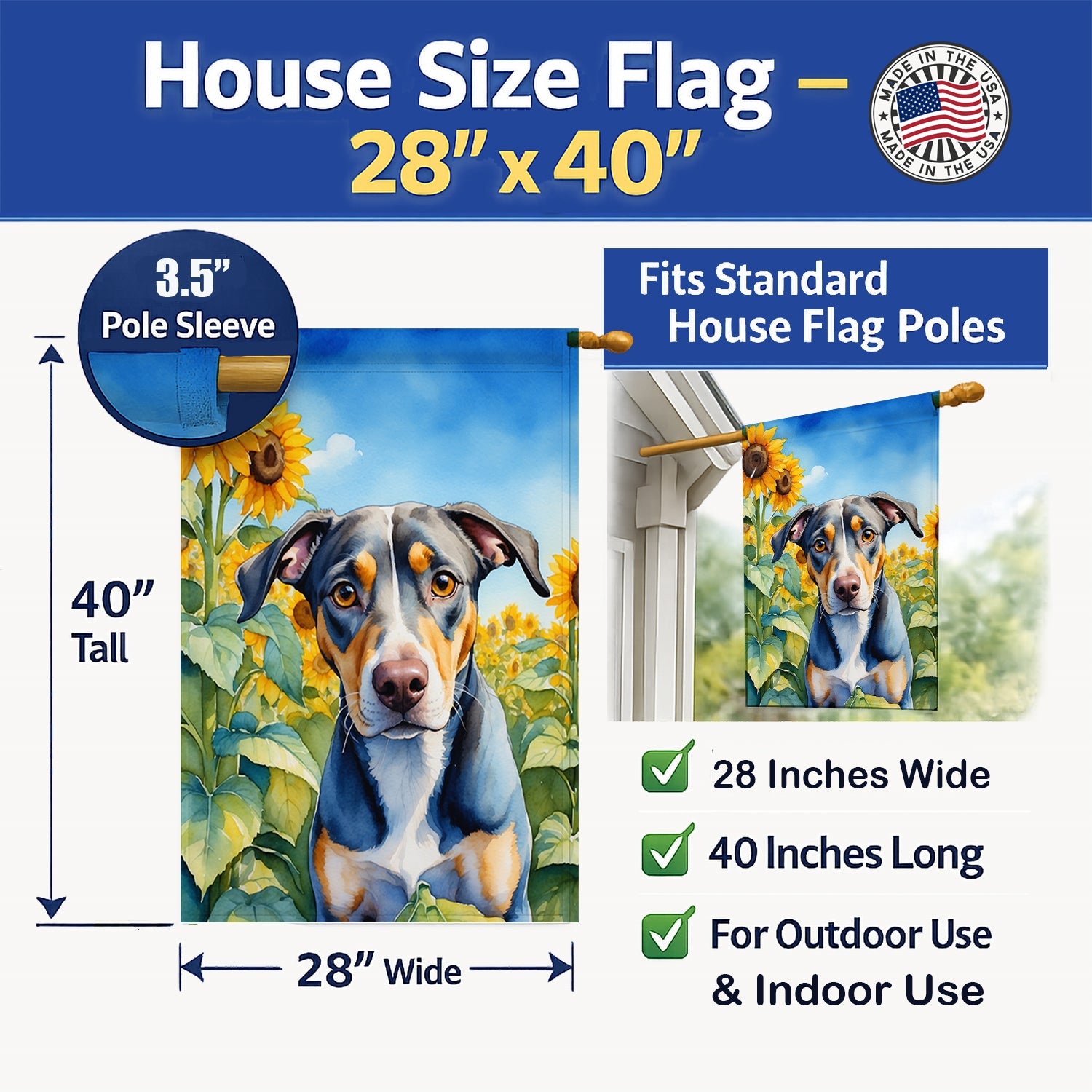 Catahoula in Sunflowers House Flag 28x40 Porch Sleeve Pole Decorative Outside Yard Banner Artwork Wall Hanging, Polyester