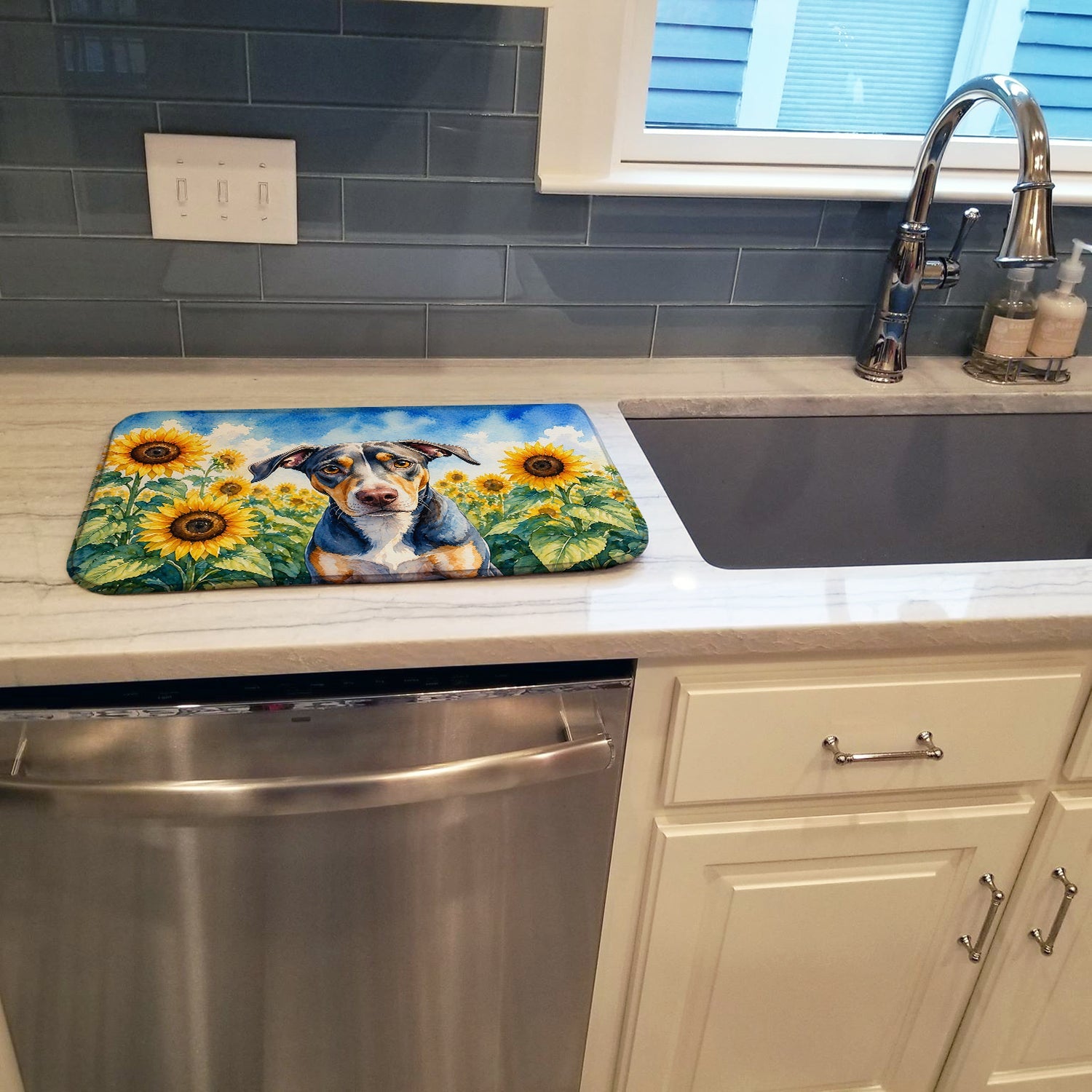 Catahoula in Sunflowers Dish Drying Mat Absorbent Dish Drying Mat Pad for Kitchen Counter Dish Drainer Mat for Countertop, 14 x 21", Multicolor