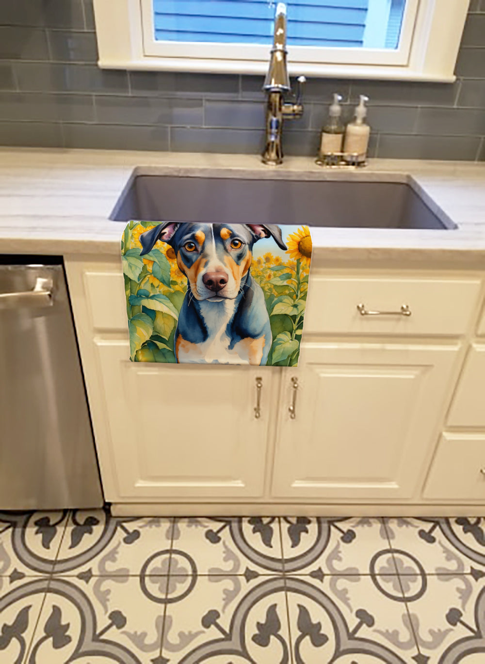 Catahoula in Sunflowers Kitchen Towel Velour Plush Front and Cotton Loop Back Machine Washable