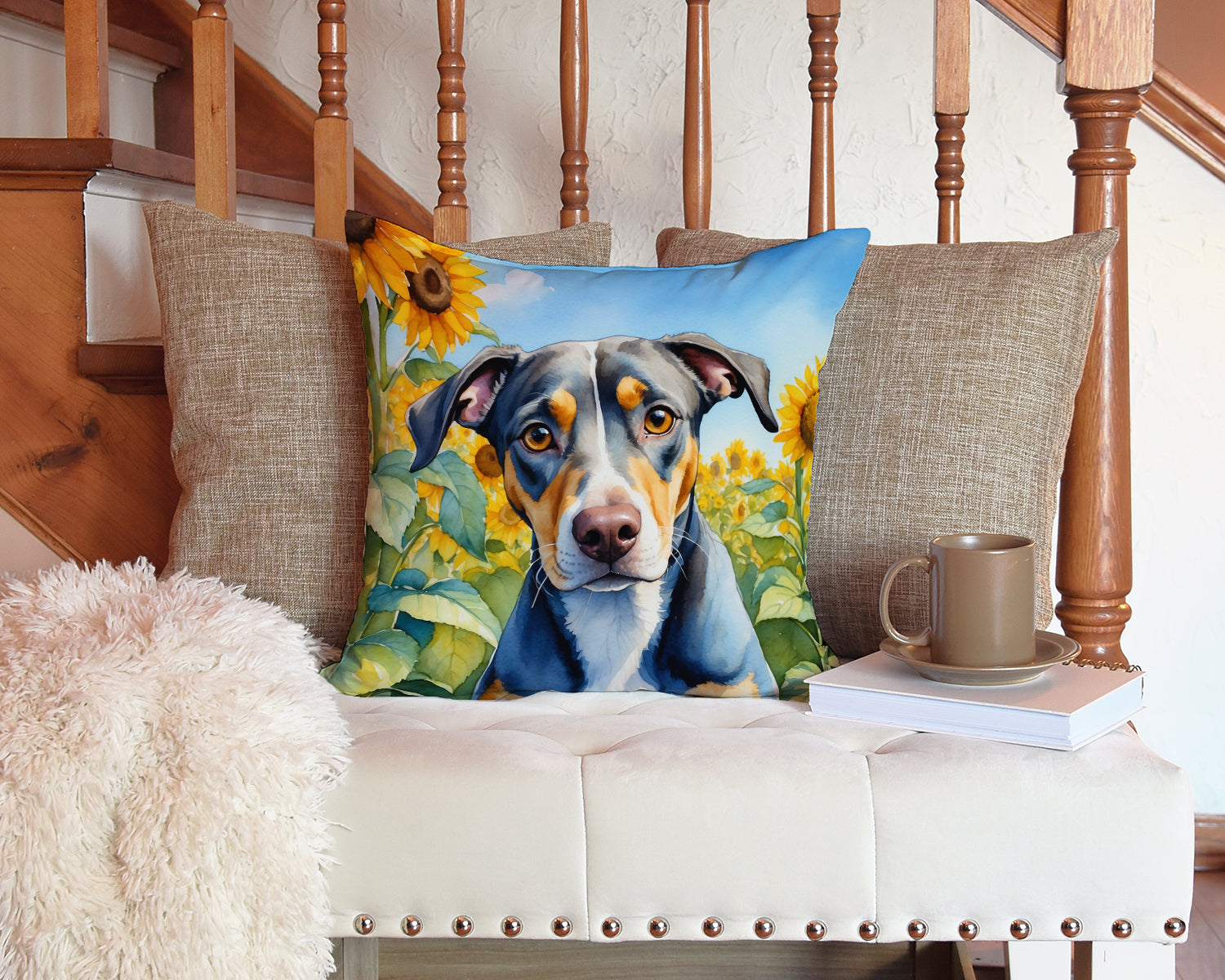 Catahoula in Sunflowers Decorative Throw Pillow 14x14 Indoor Outdoor Accent Cushion, Fabric Cover with Insert for Sofa, Bed, Porch & Living Room