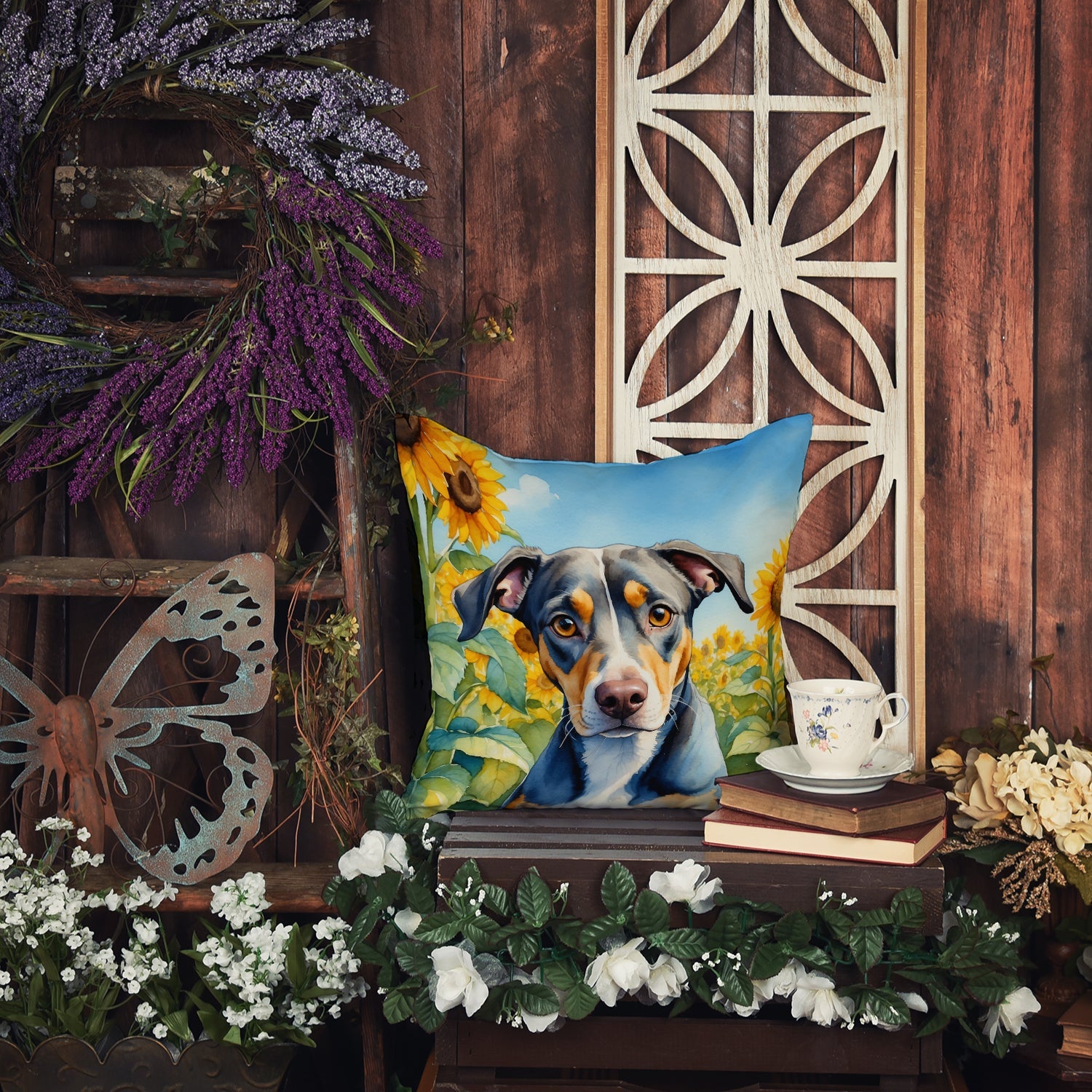Catahoula in Sunflowers Decorative Throw Pillow 14x14 Indoor Outdoor Accent Cushion, Fabric Cover with Insert for Sofa, Bed, Porch & Living Room