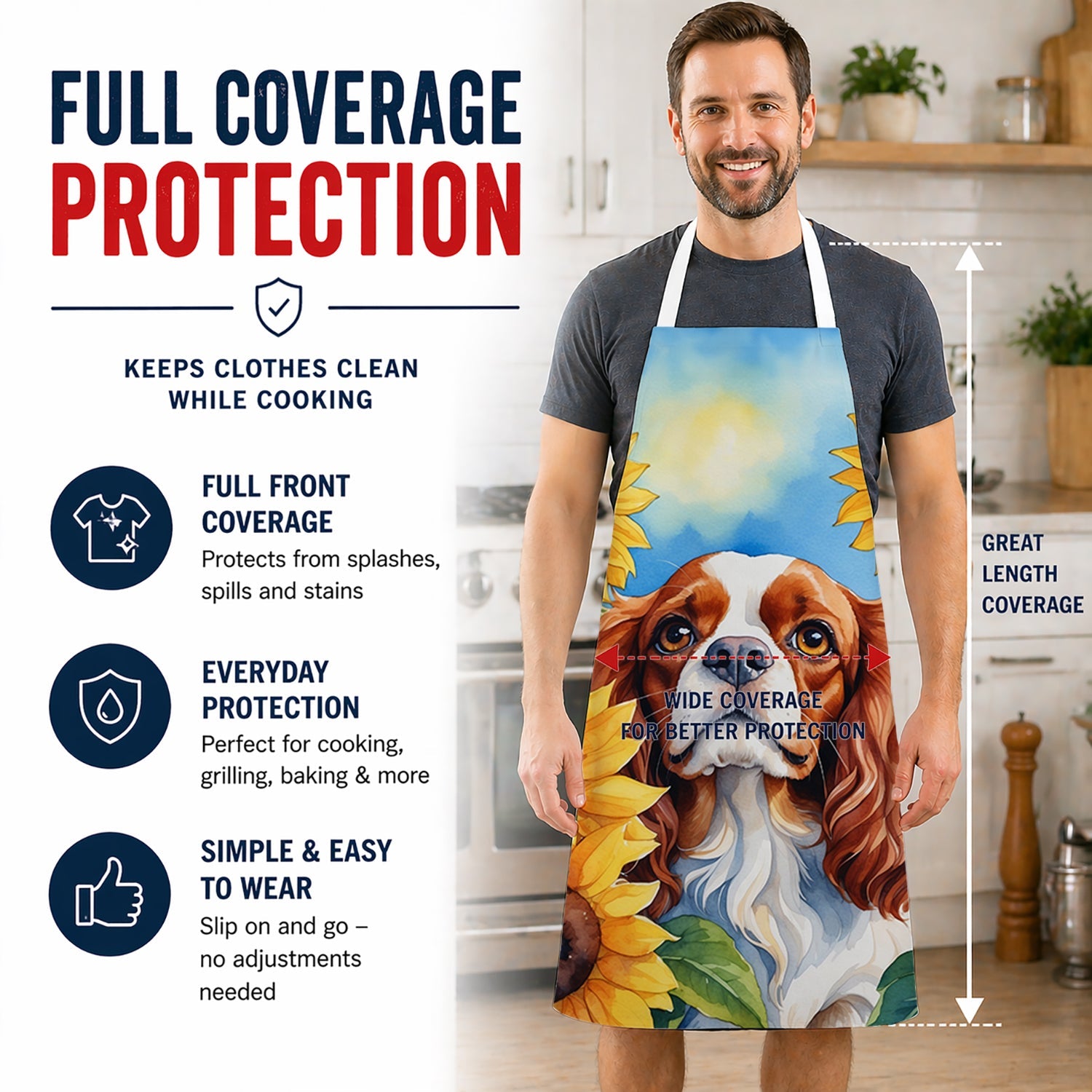 Cavalier Spaniel in Sunflowers Apron Cooking Kitchen Server Baking Crafts Gardening for Adult Women Men, Unisex, Large, Multicolor