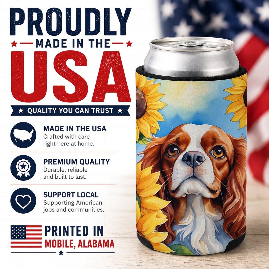 Cavalier Spaniel in Sunflowers Can or Bottle Hugger Cooler Sleeve for Standard 12 oz Cans, Insulated Foam Beer & Soda Can Hugger Reusable