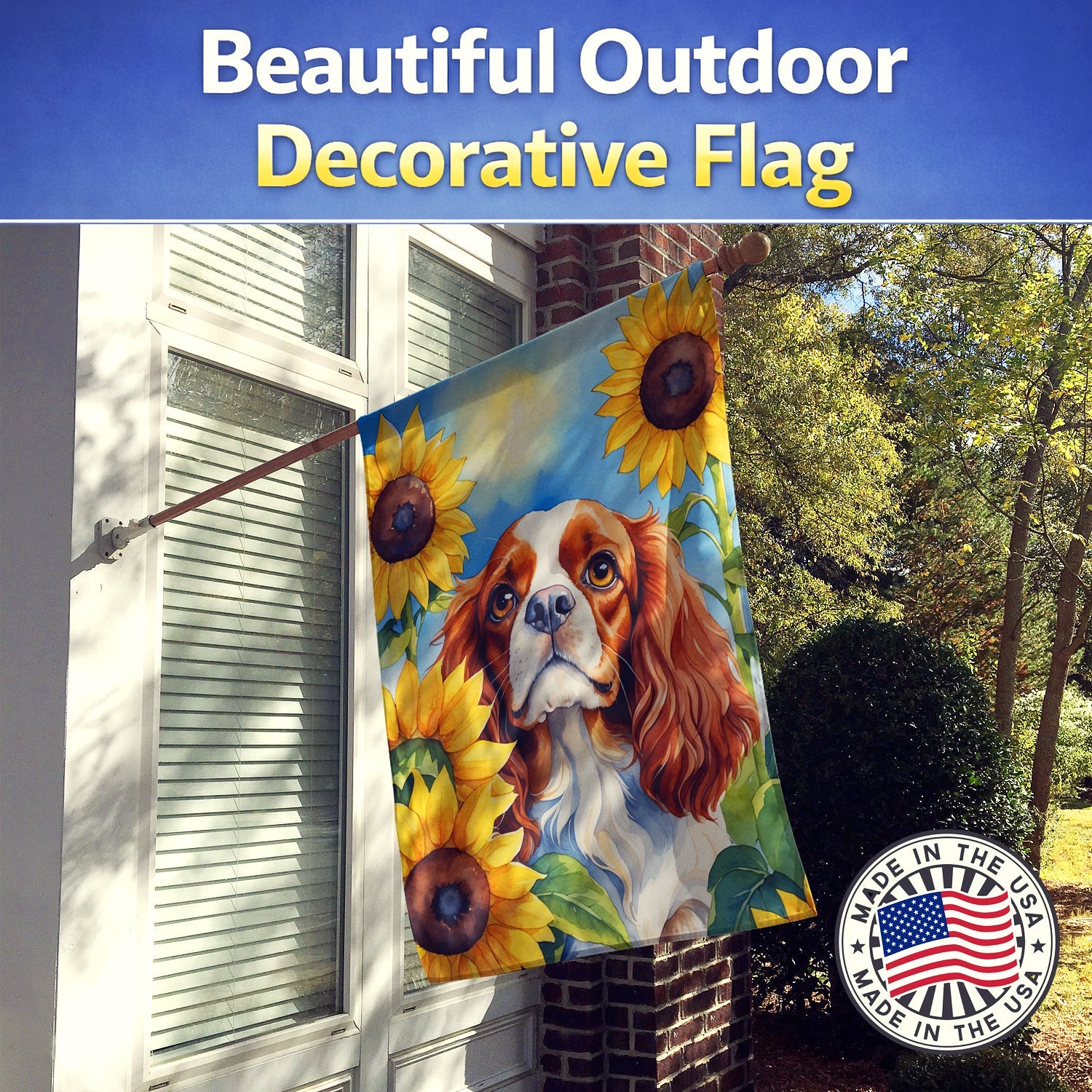 Cavalier Spaniel in Sunflowers House Flag 28x40 Porch Sleeve Pole Decorative Outside Yard Banner Artwork Wall Hanging, Polyester