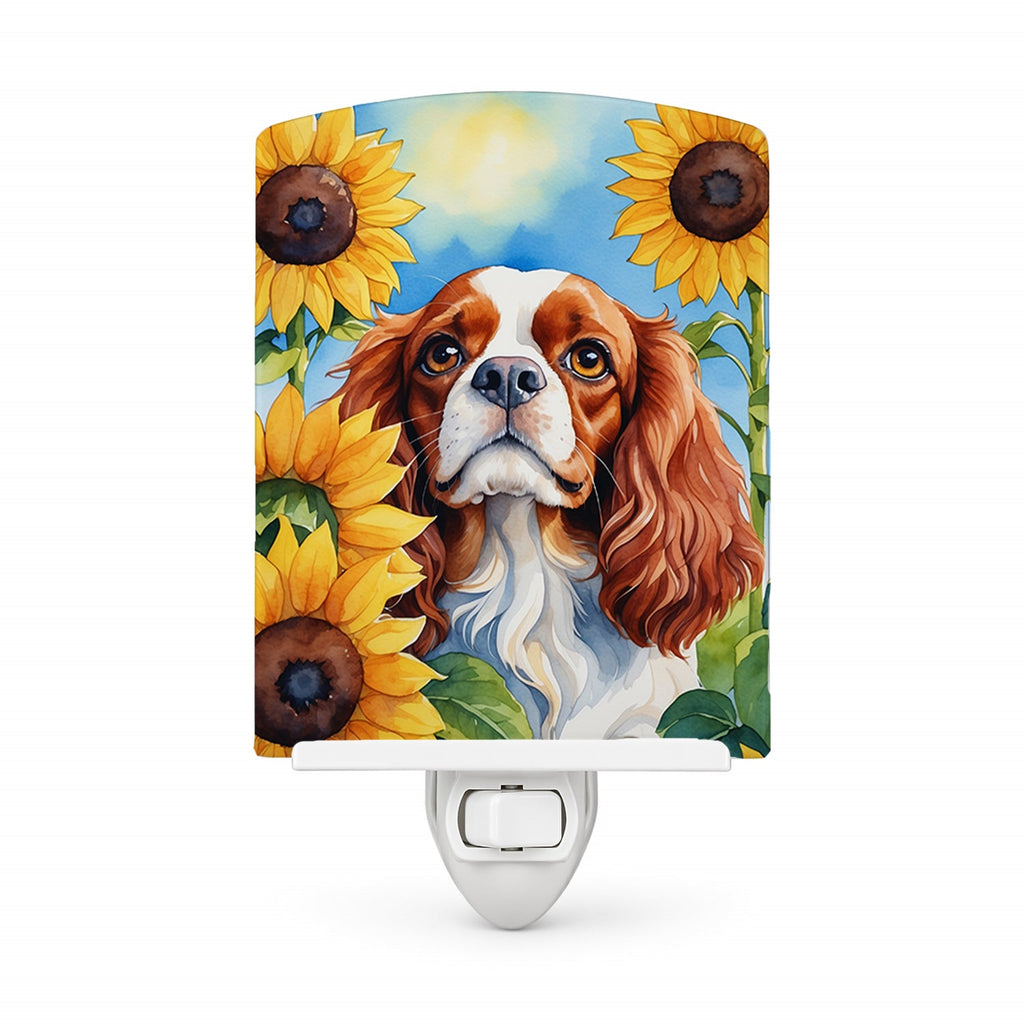 Cavalier Spaniel in Sunflowers Ceramic Night Light Compact, UL-Certified, Ideal for Bedroom, Bathroom, Nursery, Hallway, Kitchen, 6x4x3, Multicolor
