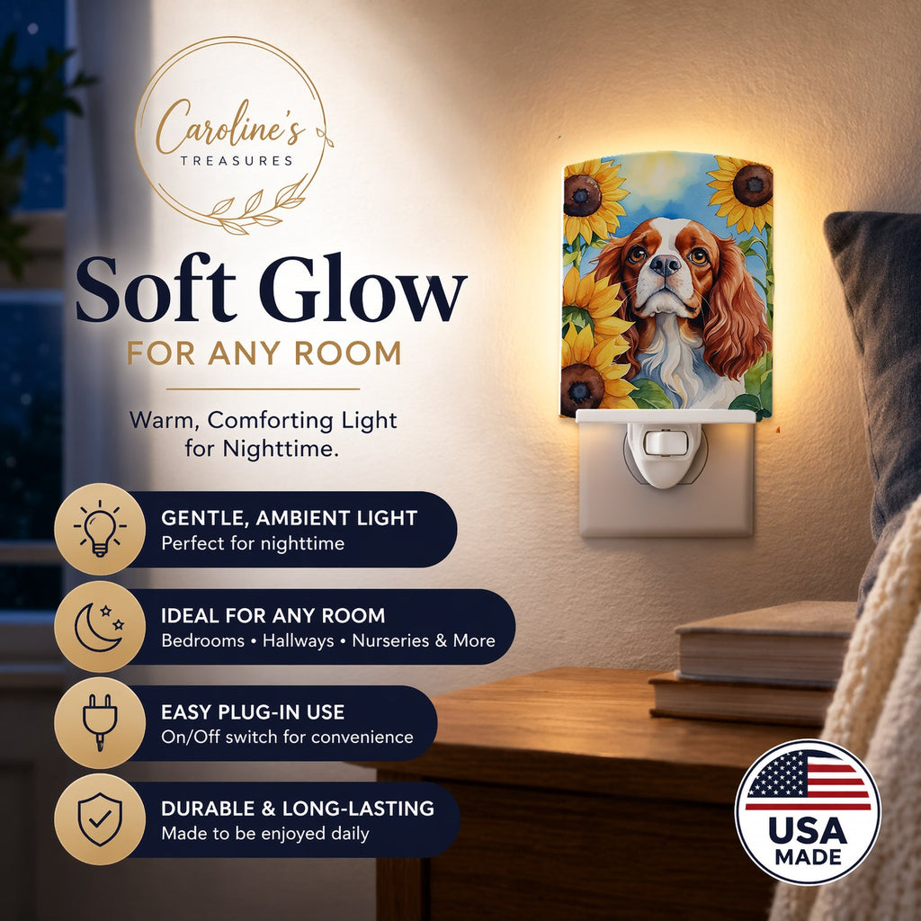 Cavalier Spaniel in Sunflowers Ceramic Night Light Compact, UL-Certified, Ideal for Bedroom, Bathroom, Nursery, Hallway, Kitchen, 6x4x3, Multicolor