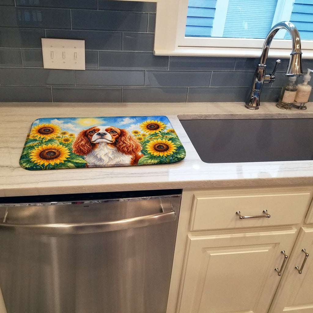 Cavalier Spaniel in Sunflowers Dish Drying Mat Absorbent Dish Drying Mat Pad for Kitchen Counter Dish Drainer Mat for Countertop, 14 x 21", Multicolor