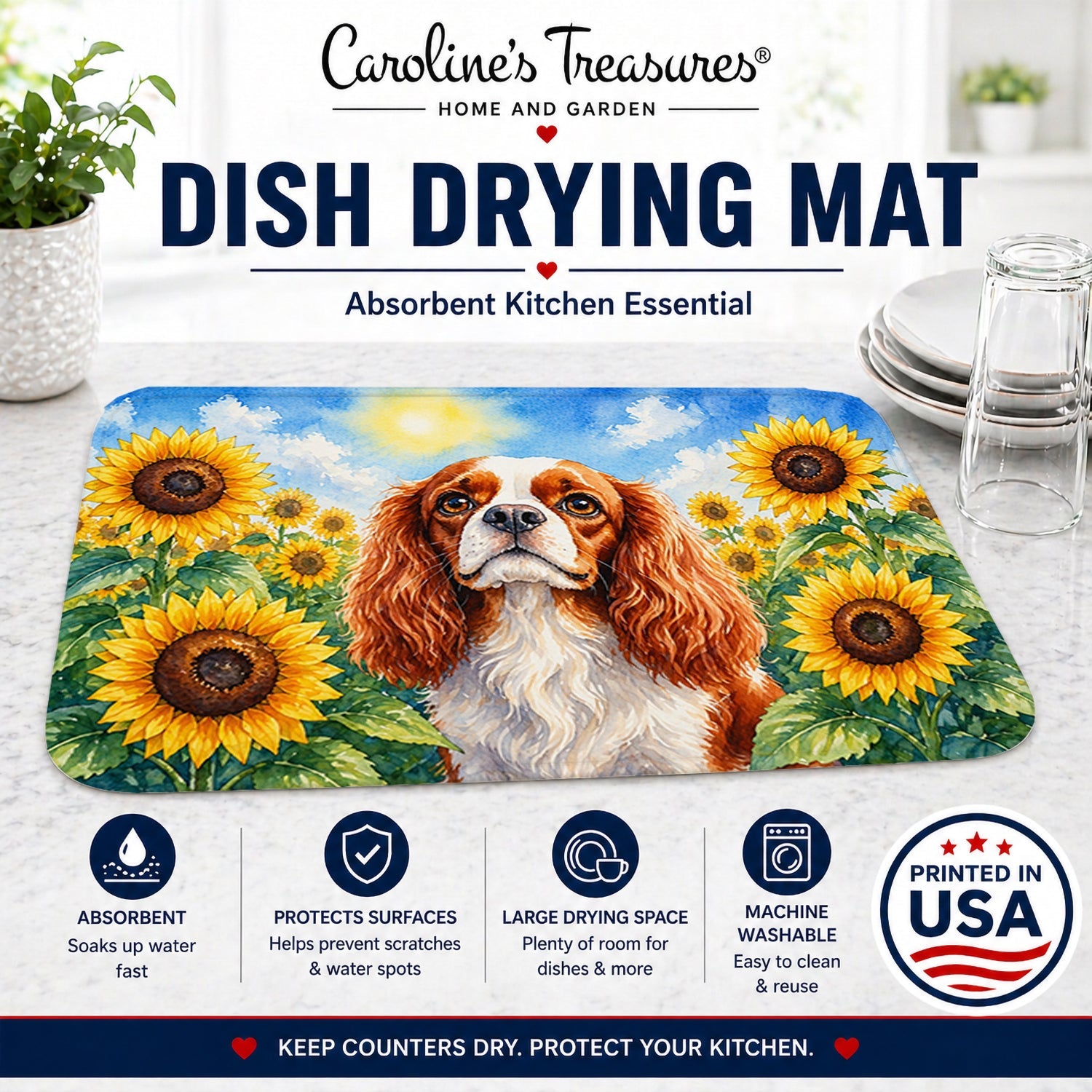 Cavalier Spaniel in Sunflowers Dish Drying Mat Absorbent Dish Drying Mat Pad for Kitchen Counter Dish Drainer Mat for Countertop, 14 x 21", Multicolor