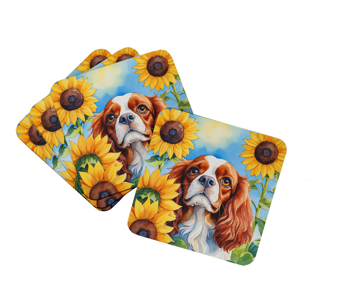 Cavalier Spaniel in Sunflowers Foam Coasters Set of 4 Cup Coasters for Indoor Outdoor, Tabletop Protection, Anti Slip, Mouse pad Material