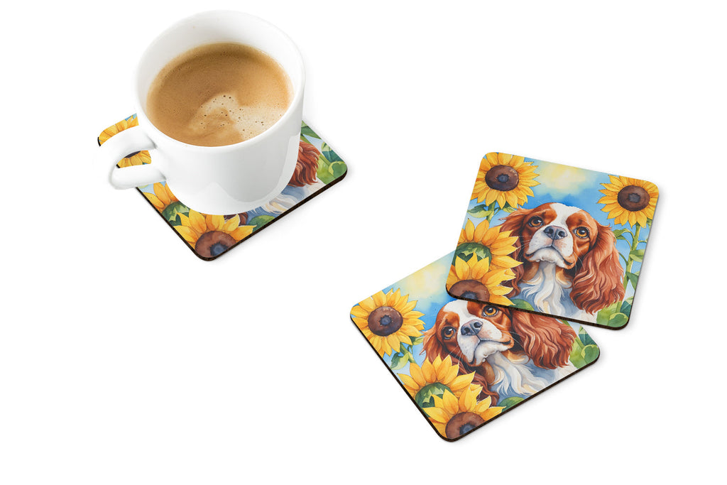 Cavalier Spaniel in Sunflowers Foam Coasters Set of 4 Cup Coasters for Indoor Outdoor, Tabletop Protection, Anti Slip, Mouse pad Material
