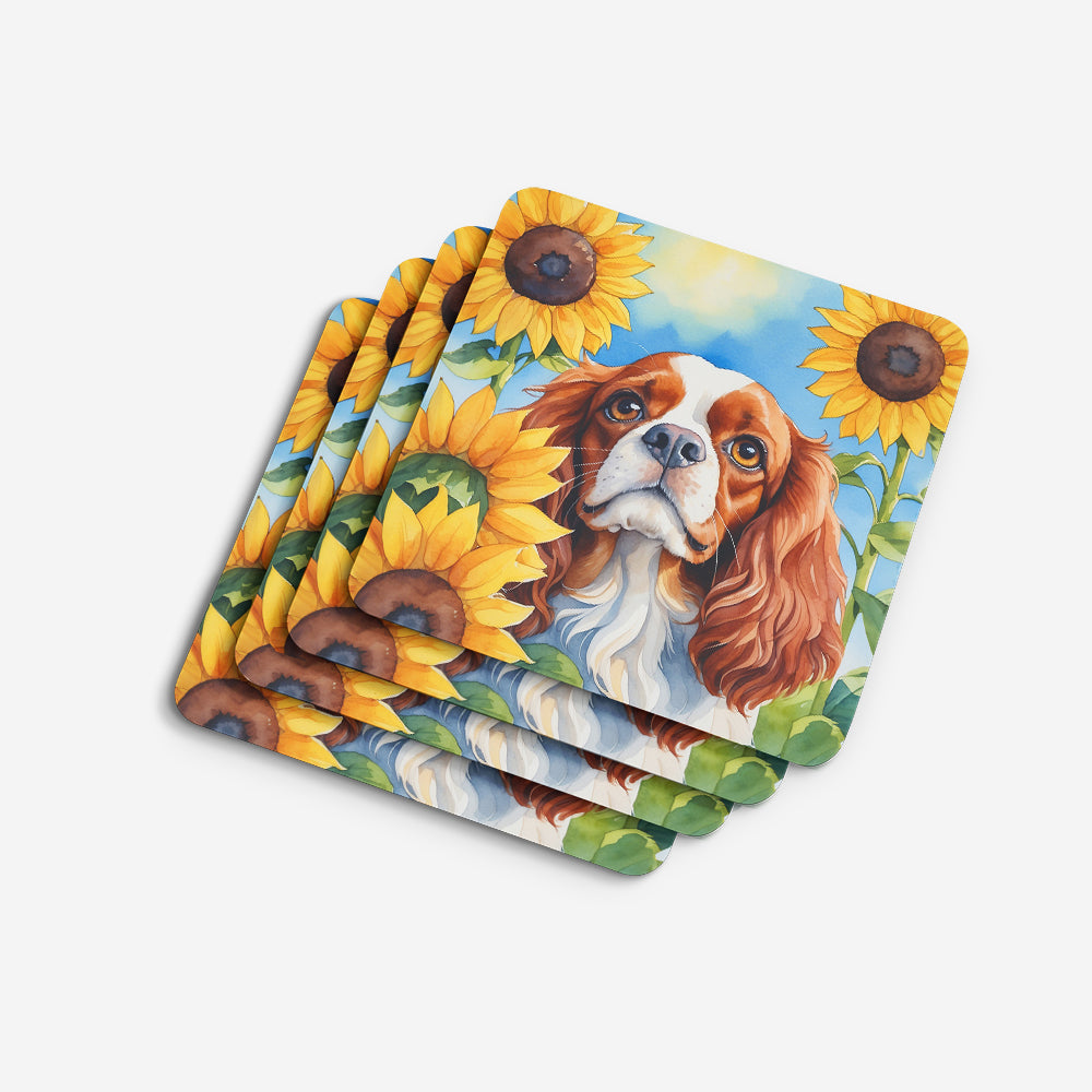 Cavalier Spaniel in Sunflowers Foam Coasters Set of 4 Cup Coasters for Indoor Outdoor, Tabletop Protection, Anti Slip, Mouse pad Material