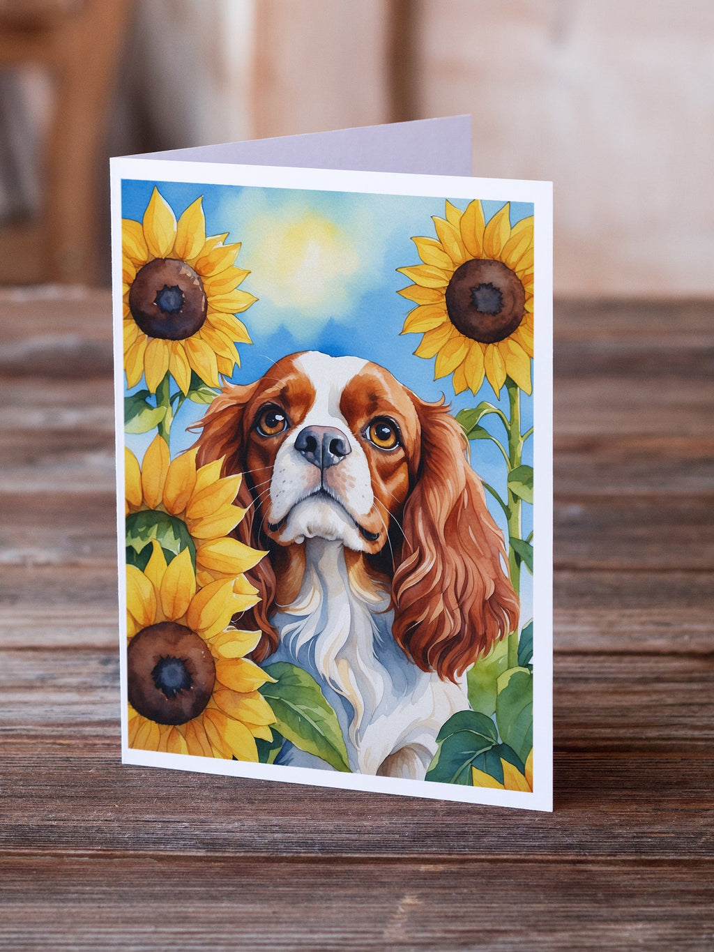 Cavalier Spaniel in Sunflowers Greeting Cards Pack of 8 Blank Cards with Envelopes Whimsical A7 Size 5x7