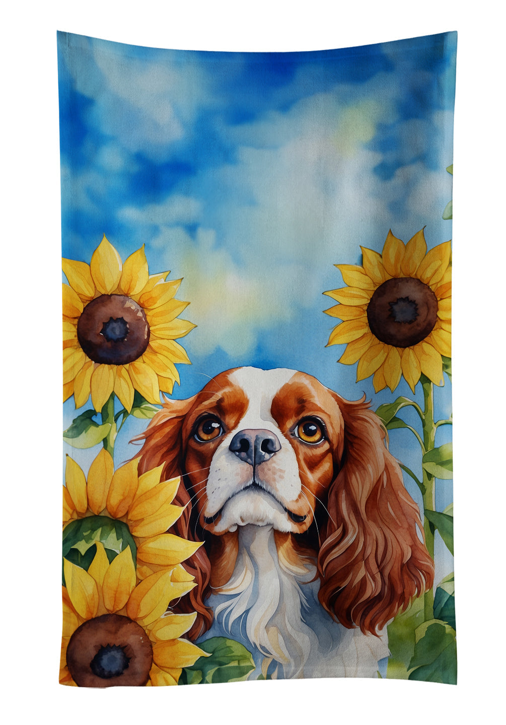 Cavalier Spaniel in Sunflowers Kitchen Towel Velour Plush Front and Cotton Loop Back Machine Washable