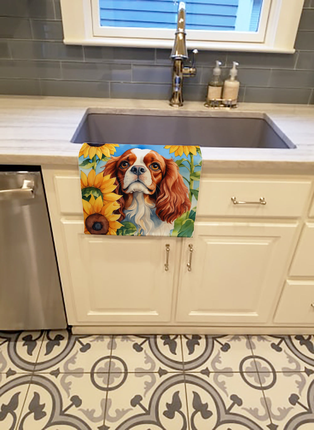 Cavalier Spaniel in Sunflowers Kitchen Towel Velour Plush Front and Cotton Loop Back Machine Washable