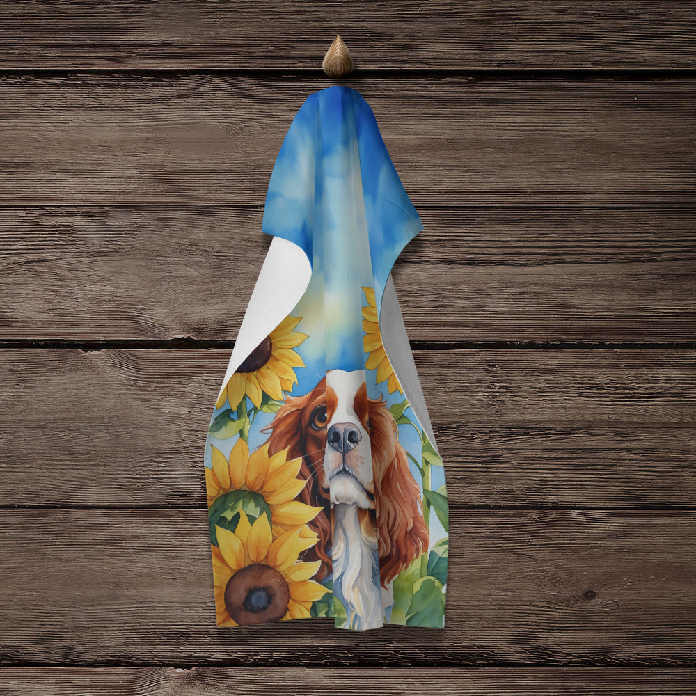 Cavalier Spaniel in Sunflowers Kitchen Towel Velour Plush Front and Cotton Loop Back Machine Washable