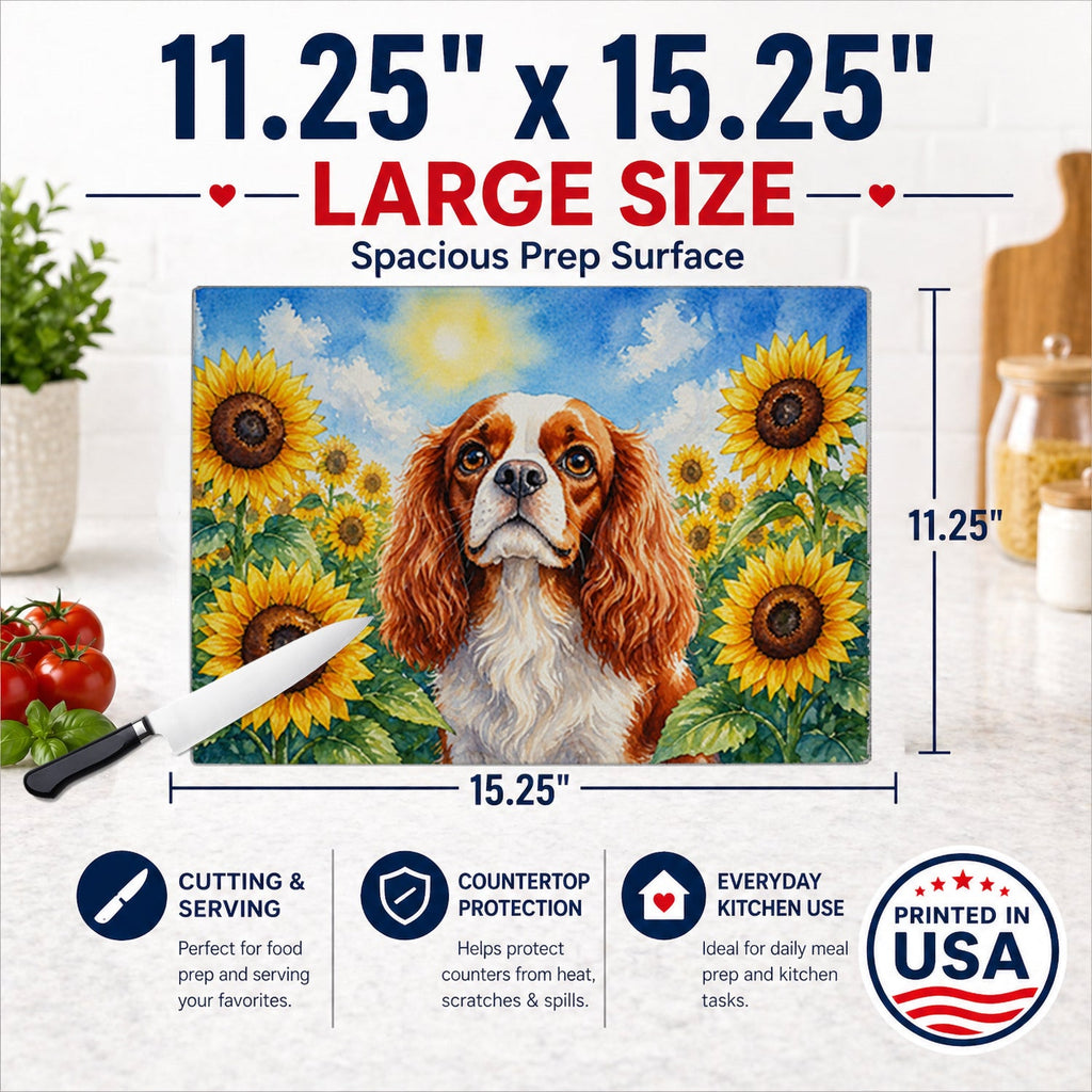 Cavalier Spaniel in Sunflowers Cutting Board Tempered Glass Kitchen Cutting Surface, Heat Resistant Chopping Board with Non-Slip Feet, Decorative Food Prep & Serving