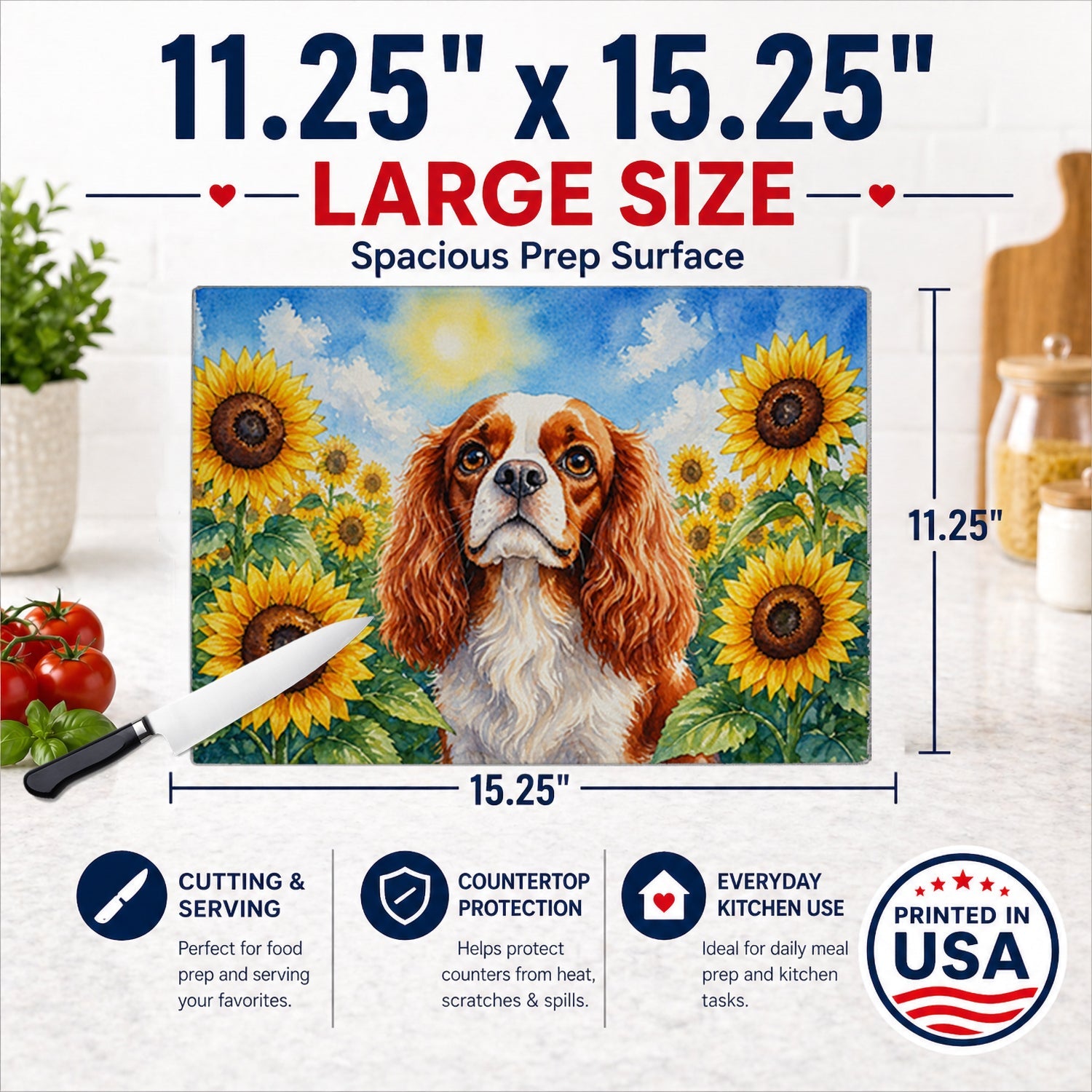 Cavalier Spaniel in Sunflowers Cutting Board Tempered Glass Kitchen Cutting Surface, Heat Resistant Chopping Board with Non-Slip Feet, Decorative Food Prep & Serving