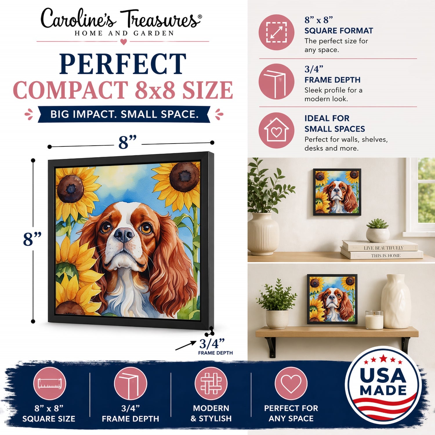 Cavalier Spaniel in Sunflowers Framed Metal Print Bathroom, Kitchen, Office, Home Decor Wall Art Ready to Hang, Square, 8X8