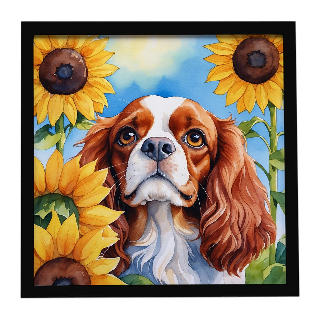 Cavalier Spaniel in Sunflowers Framed Metal Print Bathroom, Kitchen, Office, Home Decor Wall Art Ready to Hang, Square, 8X8