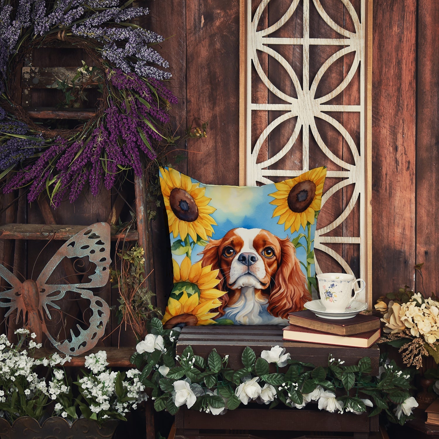 Cavalier Spaniel in Sunflowers Decorative Throw Pillow 14x14 Indoor Outdoor Accent Cushion, Fabric Cover with Insert for Sofa, Bed, Porch & Living Room